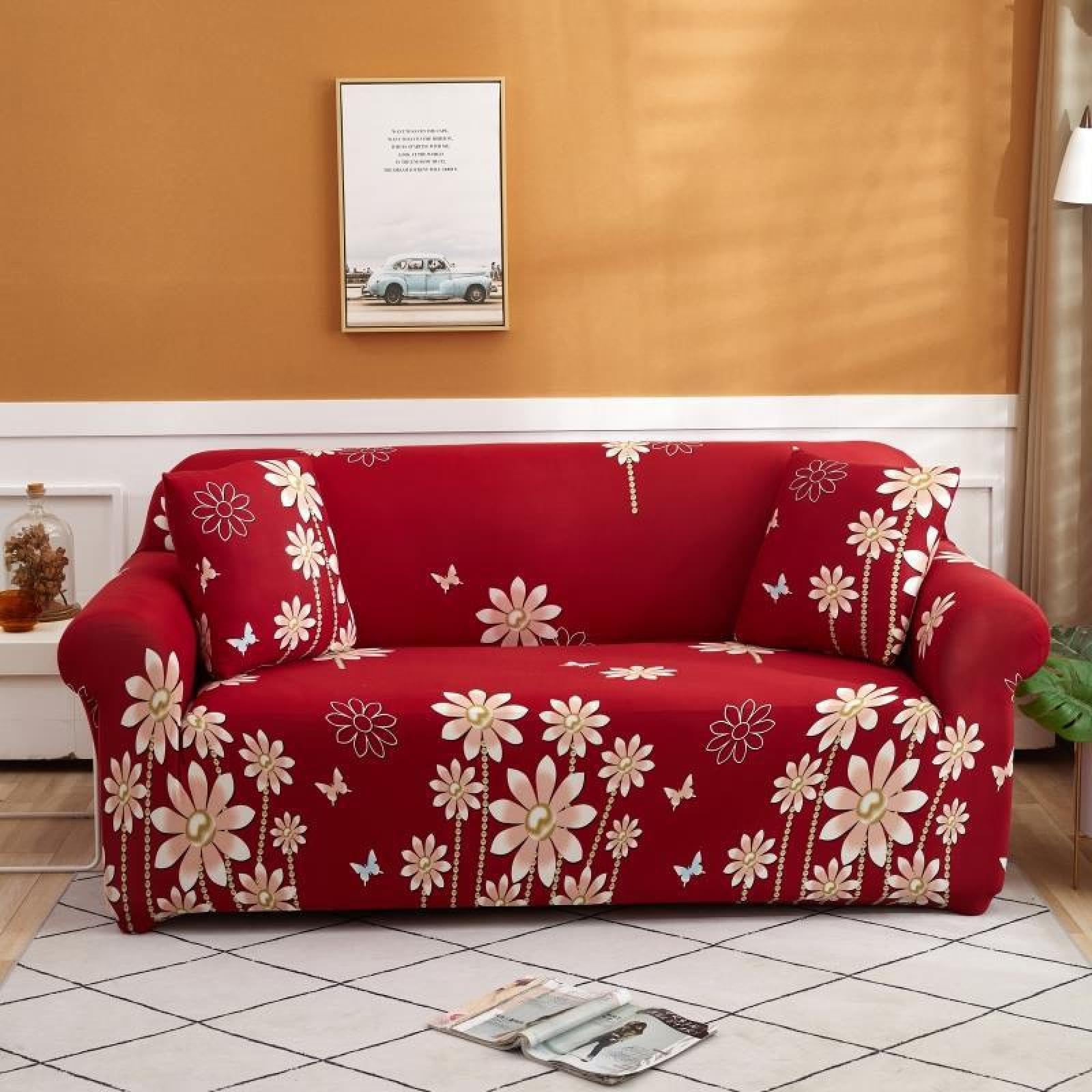 2 Seater Sofa Cover Red Flowers Stretch Sofa Covers Spandex Settee Covers 2 Seater Washable Sofa Protectors from Pets Non Slip Covers for Sofas All Seasons Couch Cover with Elastic Strap