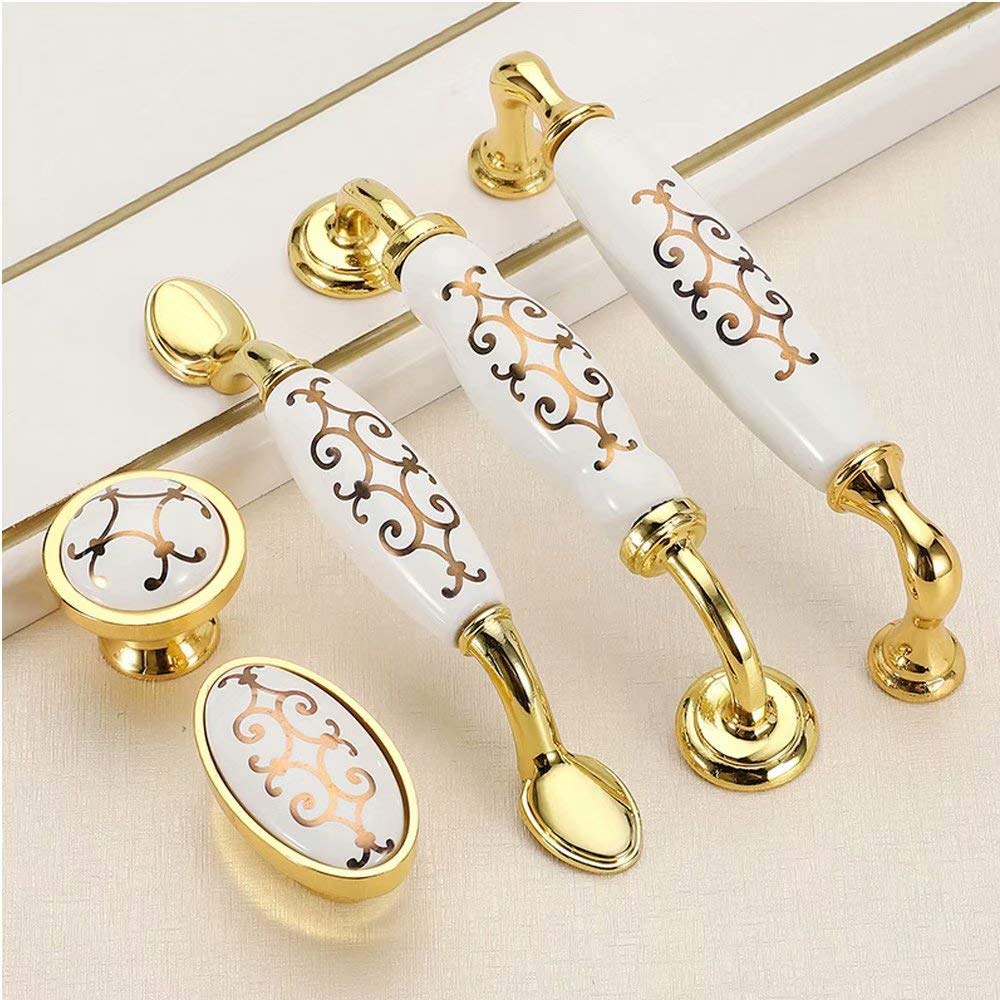 Set di 6 pomelli per mobili da Cucina in Stile Europeo, armadietti per cassetti, Maniglie e pomelli Classici Vintage per cassettiera Stile Dorato CC 76 mm (Foro Singolo)