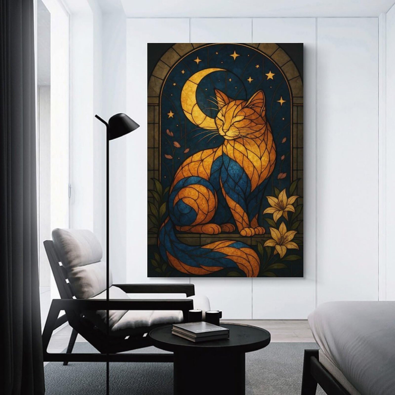 Junmoney Unframe-Style-19 Stained Glass Cat And Moon Wall Art Print, 20X30inch(50X75cm), For Living Room, Bedroom, Office Or Hallway, A Flexible Wall Accent For Shared Spaces