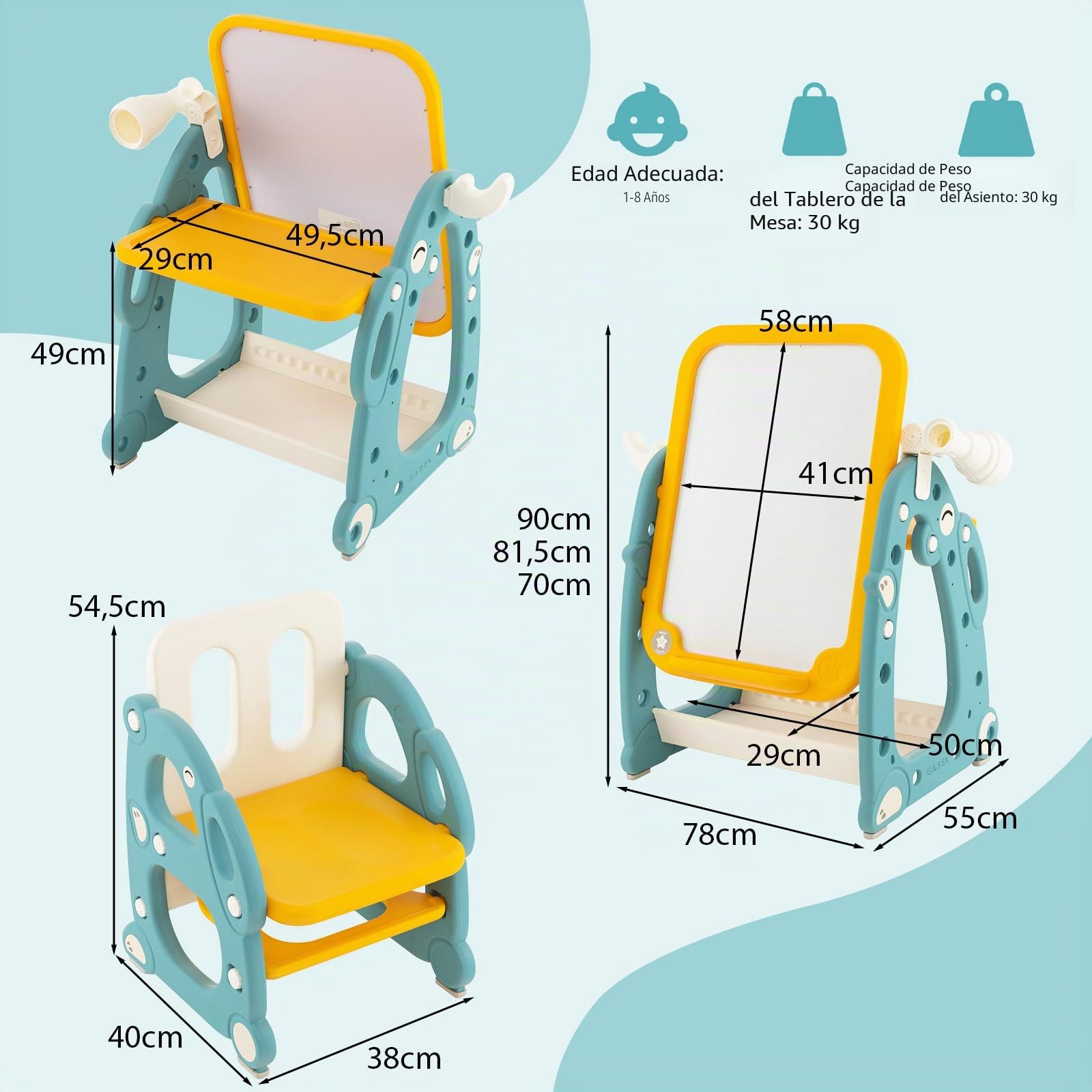 RELAX4LIFE 4 En 1 Mesa de Actividades para Niños con Silla, Caballete para Niños Regulable en Altura con Espacio de Almacenamiento, Pizarra, Telescopio y Juego de Anillos para 1-8 Años