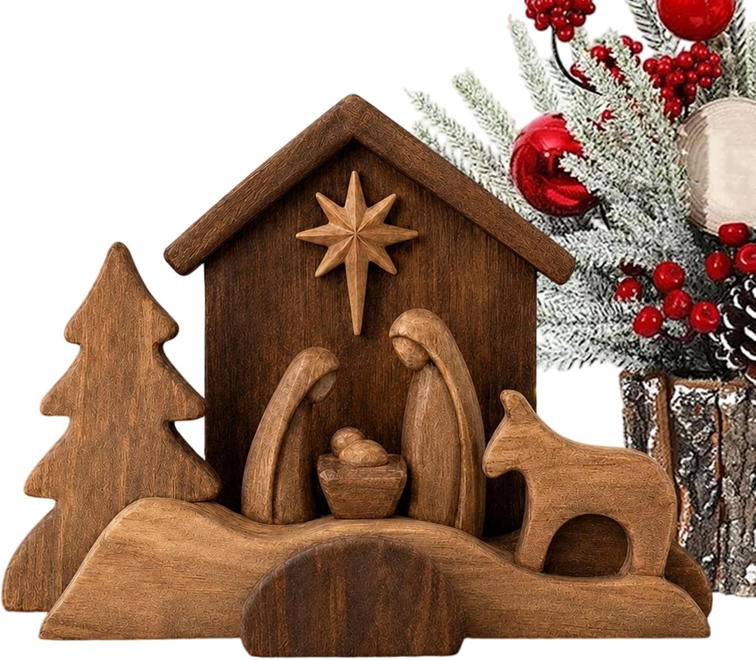Small Wooden Nativity Scene - Christmas Desk Ornament Religious Mantel