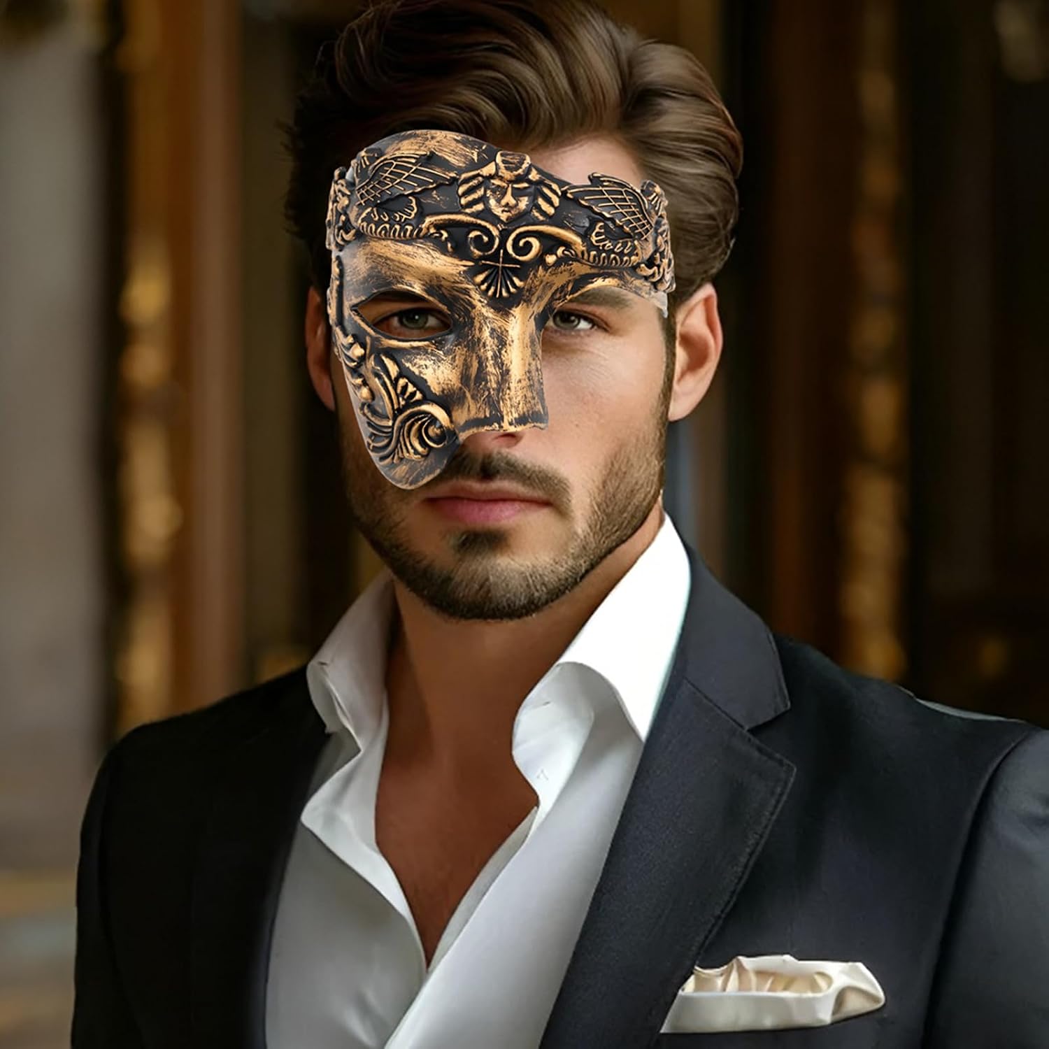 JOYFISCO Masquerade Mask for Men Vintage Half Face Roman Warrior Phantom Of The Opera Mask for Halloween Mardi Gras Prom Ball