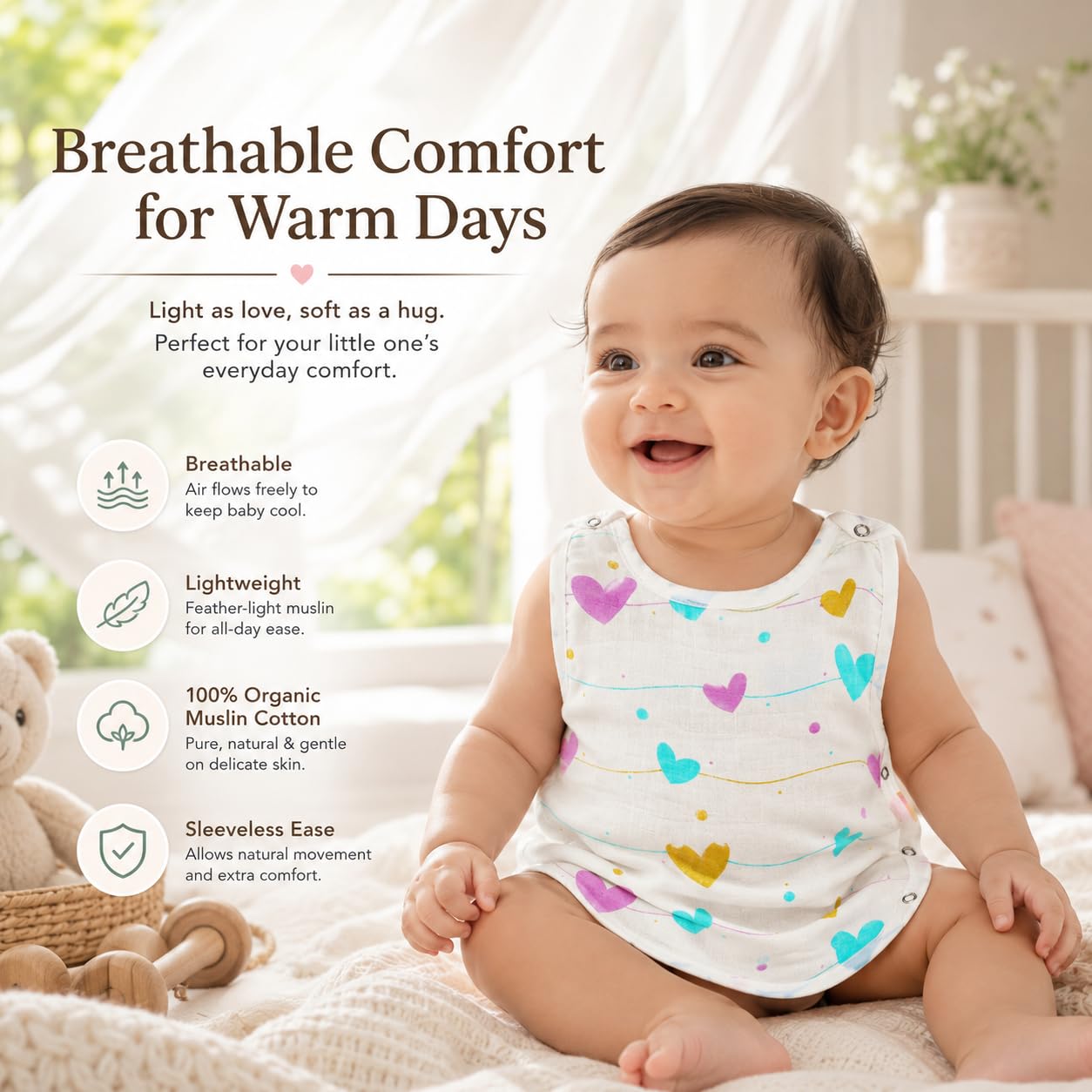 hesheeKids 100% Organic Cotton Newborn Baby Jablas Pack of 4 (0-3 Months) | Soft Muslin Sleeveless Vest with Snap Buttons 2