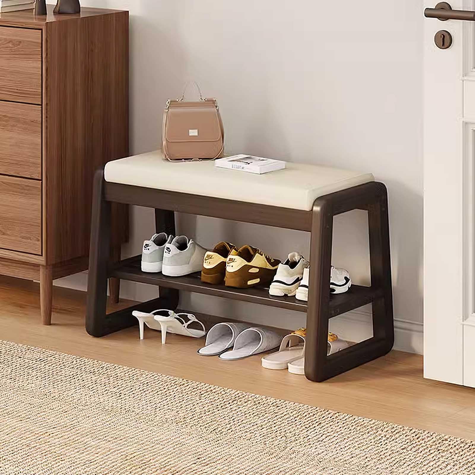 Banco de Almacenamiento para baño, Almacenamiento de Zapatos, Entrada, Pasillo pequeño, Banco de bambú con Almacenamiento y Asiento de Cuero PU Sushion
