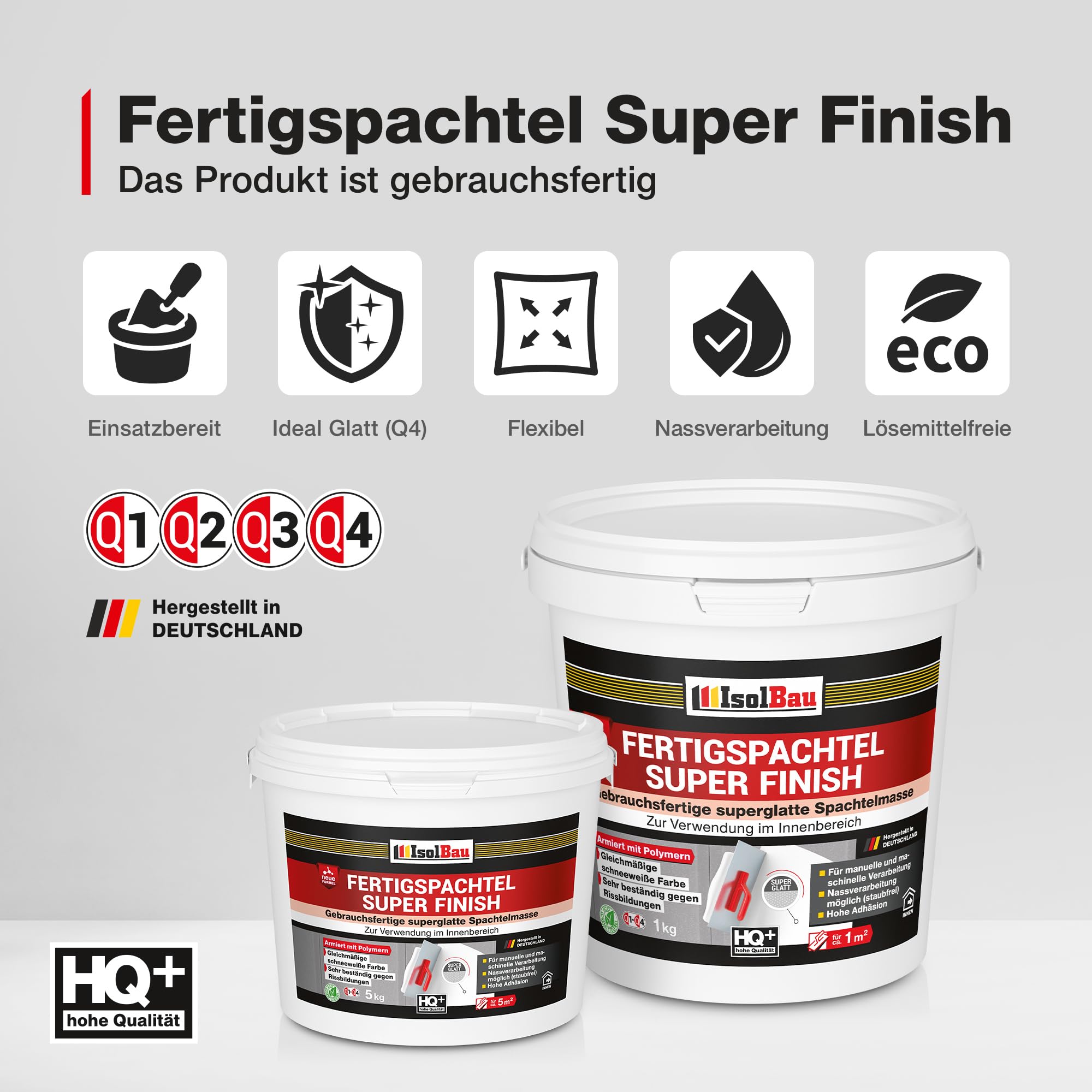 Isolbau Super Finish Spachtel 50 kg, Glättspachtel Fugenspachtel, Gebrauchsfertige Polymer-Gips Fertigspachtel Spachtelmasse für innen, Weiß Q1-Q10