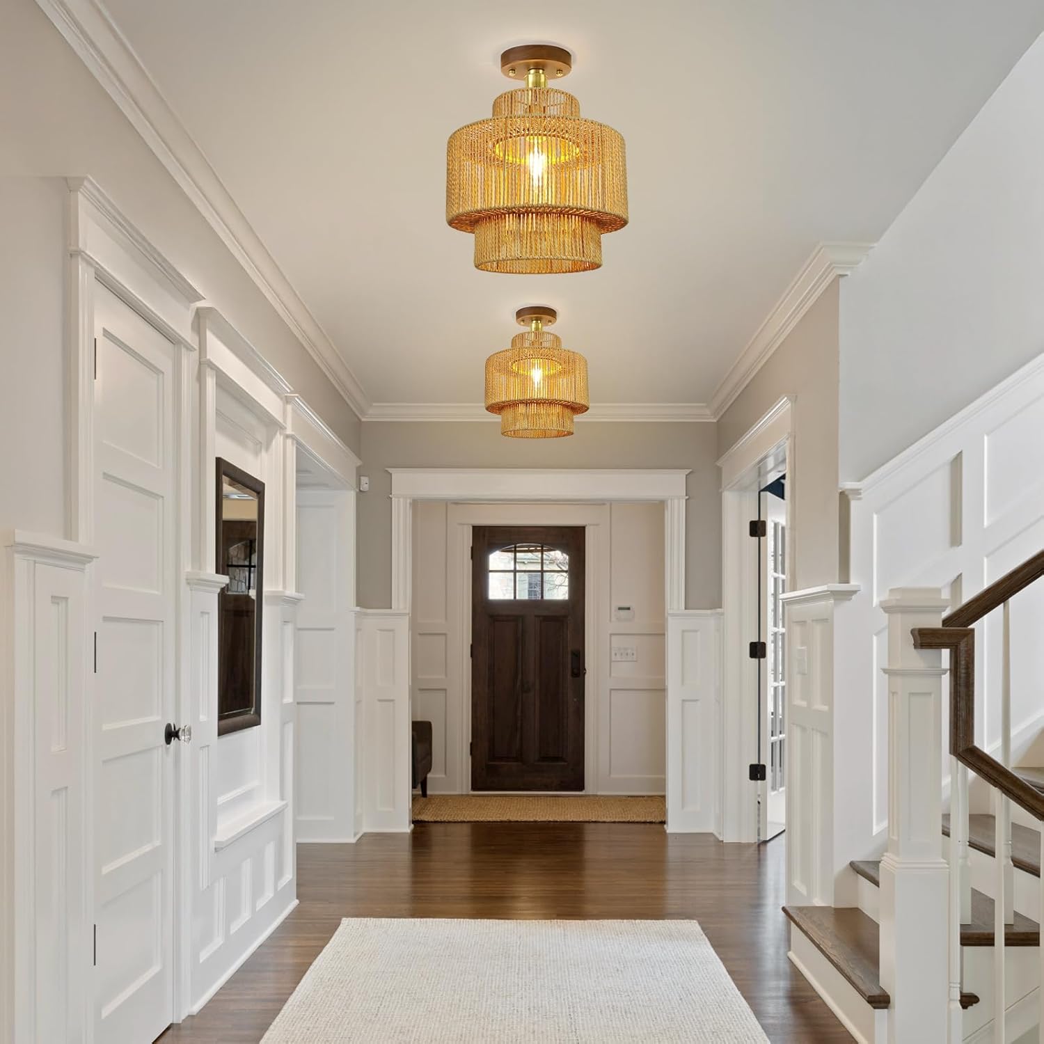 Boho Rattan Lamp Shades for Pendant Light Chandelier Floor Lamps Replacement,Rustic 3-Tier Drum Lamp Shade with Hand-Woven Rattan for Living Room Kitchen Dining Room Office Hotel.