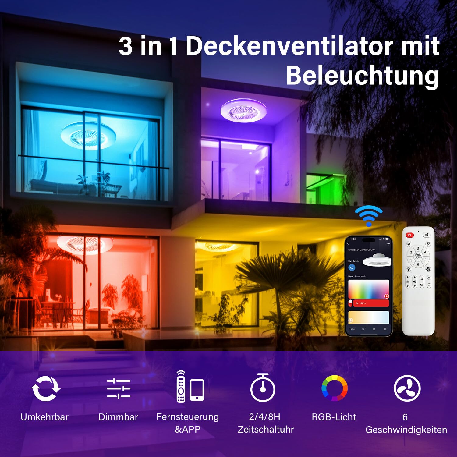Deckenventilator Mit Beleuchtung, Smart RGB LED Fan Licht, φ50cm Deckenleuchte mit Ventilator, dimmbar, App und Fernbedienung, 6-Gang, 3 Farbtemperatur, Timer, Sommer/Wintermodus