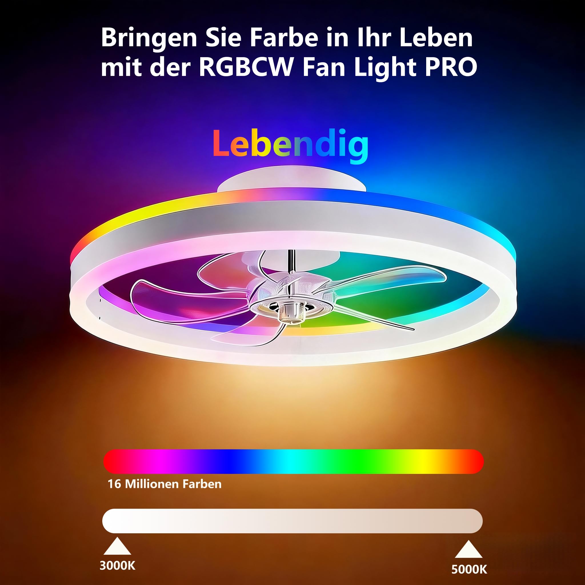 RGBCW-Deckenventilator mit Licht, 50CM Unterputz-Low-Profile-Smart-Ventilator-Licht-App und Fernbedienung, 6 Geschwindigkeiten umkehrbar, dimmbar RGB-Ambiente Deckenleuchte für Schlafzimmer Wohnzimmer