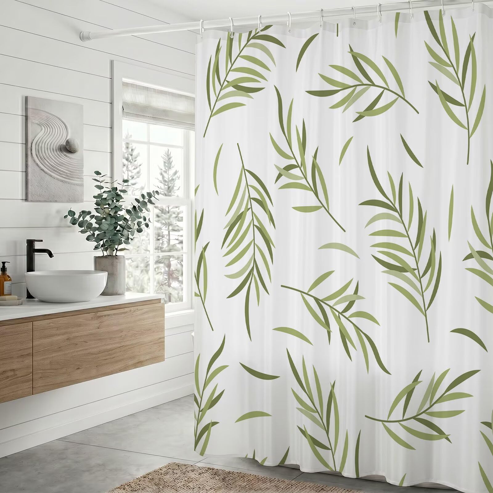 Beige Beige Hojas Cortina de Ducha 300 x 200 cm Impermeable Repelente al Agua para Bañera y Baño, Cortina de Tela Poliéster Gruesa con Bajo Lastrado, Lavable a Máquina, con Anillas, Q-o877