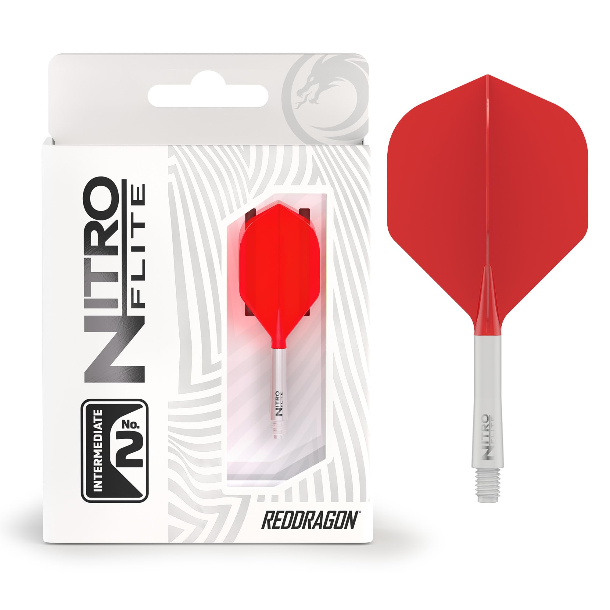 RED DRAGON Darts – Nitro Flite Integriert Flüge & Schäfte System – No.2 Form und Design – Weiß & Rot Farbe, Dazwischenliegend Länge