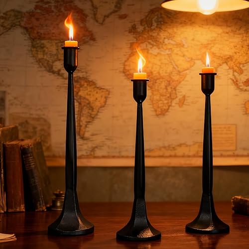 Miniatura 5 de Juego de 3 portavelas de hierro negro, portavelas cónicos para velas de 34 pulgadas, juego de velas altas para mesa de comedor, boda y decoración
