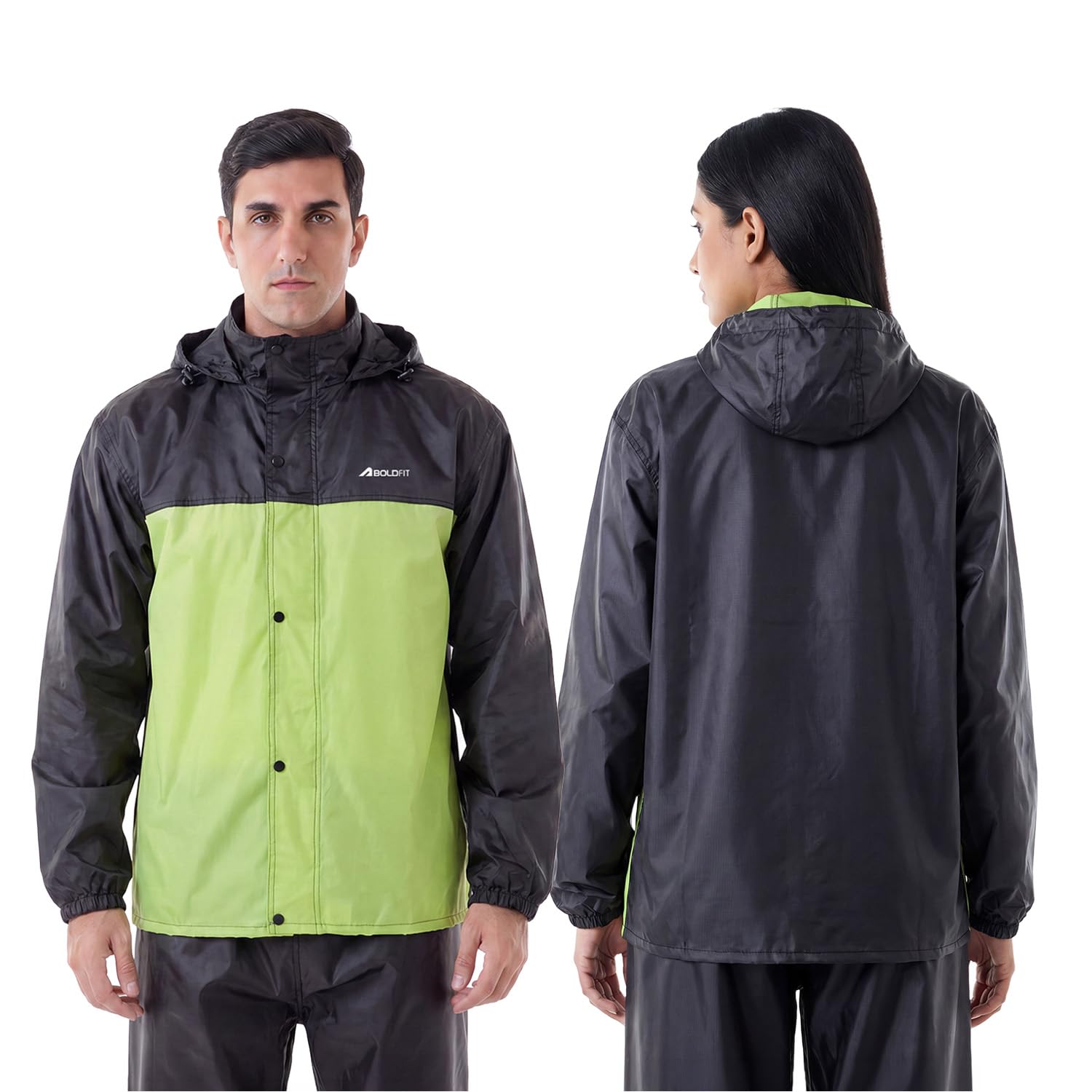 Boldfit Rain Coat for Men Waterproof Raincoat Set for Women with Reflective Trim-Windproof Jacket & Pants Suit with Hood, Pockets & Breathable, Durable Fabric for Outdoor, Travel- Black Green, M-L-picture-1