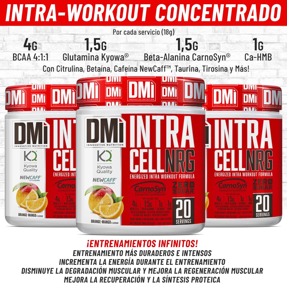 DMI INNOVATIVE NUTRITION Intra-Cell NRG 360 g Sabor Naranja-Mango– Intra-Workout con BCAAs, Beta-Alanina CarnoSyn®, Cafeína NewCaff™, Glutamina Kyowa® – Rendimiento, Energía y Recuperación Muscular