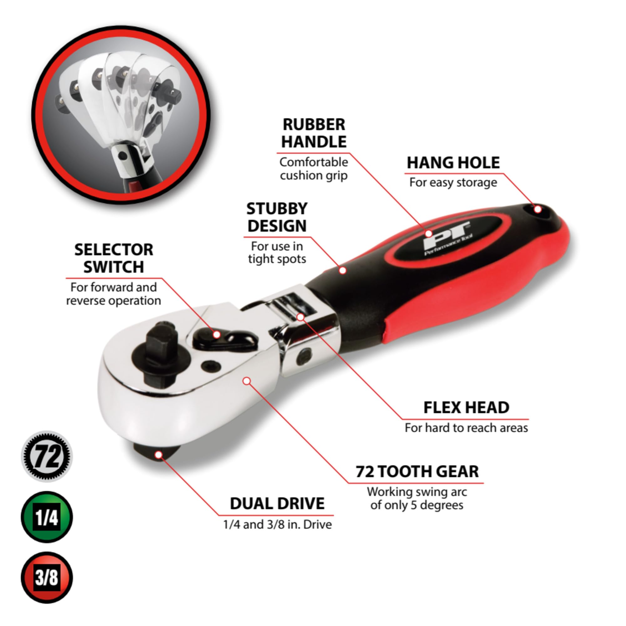 PERFORMANCE TOOL W9116 - Cricchetto tozzo a doppia testa flessibile da 1/4" e 3/8"
