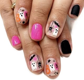 24pcs Halloween Press on Nails Short Fake Nails Full Cover Star Bat False Nails Pink Black Glossy Acrylic Nails with Spider Spirit Designs Artificial Nails Cute Glue on Nails for Women