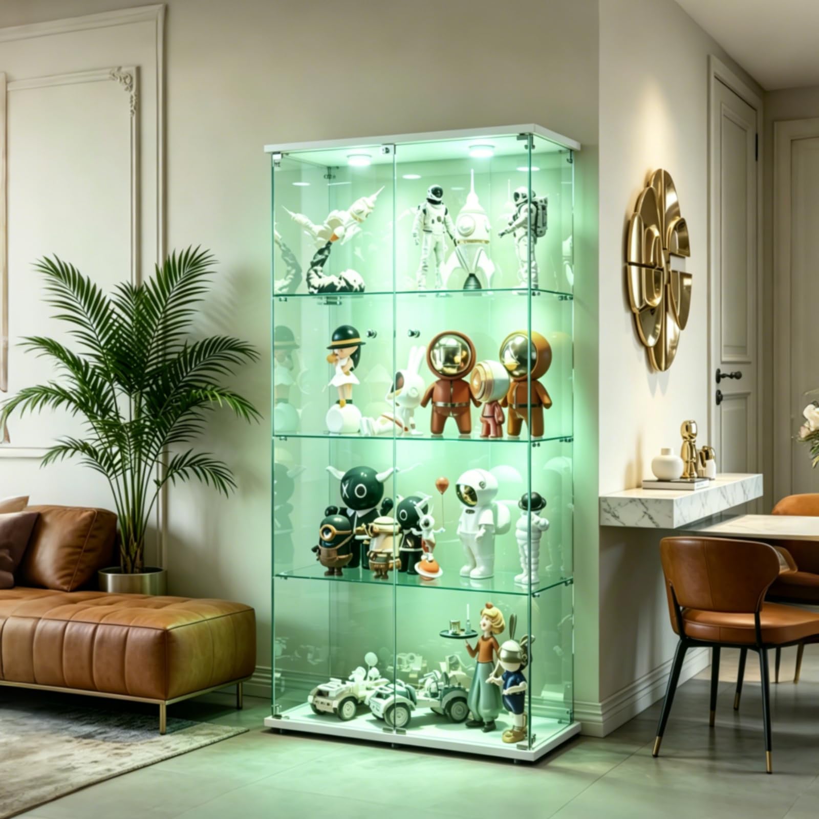 Vitrina con iluminación LED con puertas bloqueables, 4 estantes para modelos coleccionables y recuerdos, elegante vitrina blanca con respaldo de espejo.