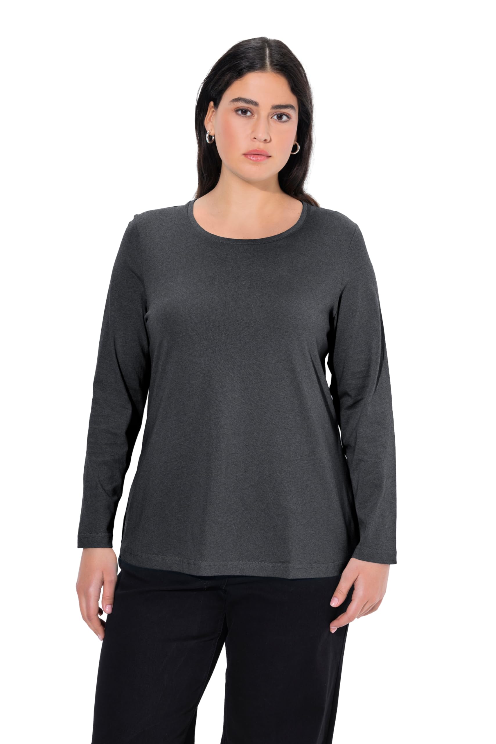 Ulla Popken Womenswear Plus Size Curvy Oversize Slim Fit Long Sleeve Cotton Tee Charcoal Melange 58+ 646801 12-58+