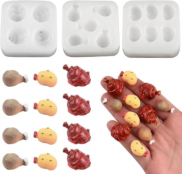 3Pcs Cute Tiny Chicken Duck Legs Fried Shrimp Resin Silicone Mold Micro Dollhouse Things Epoxy Casting Mold for DIY Resin Art Fairy Garden Miniatures Landscape Crafts Decor