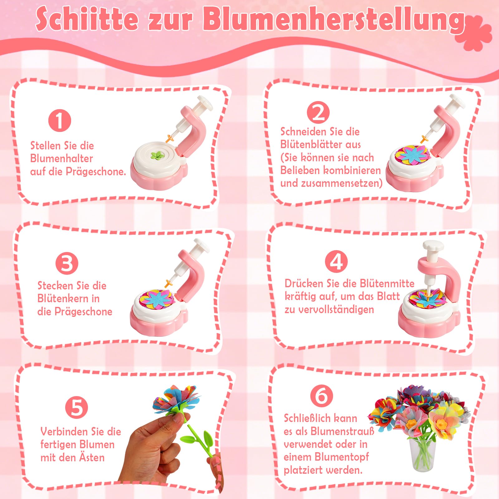 DIY Blumen Basteln Kinder, Blumenpresse mit Blumenmaschine, Komplettes Bastelset mit reichlich Zubehör für Mädchen ab 4–12 Jahre, Bastelspielzeug,Geschenk für Geburtstag, Muttertag und Weihnachten