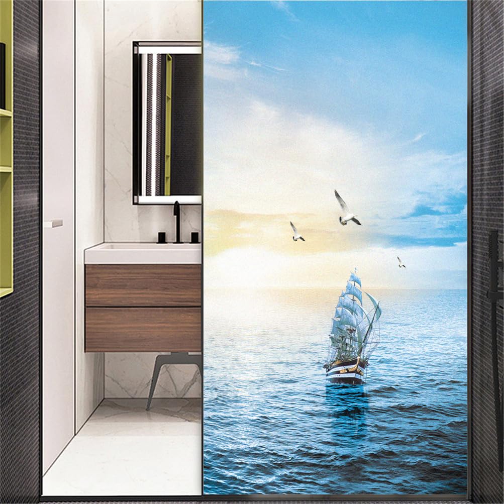 Xijier No Glue Decorative Privacy Frosted Window Film Beautiful Sea Glass Door Window Decals Window Sticker 60x200cm(23.6