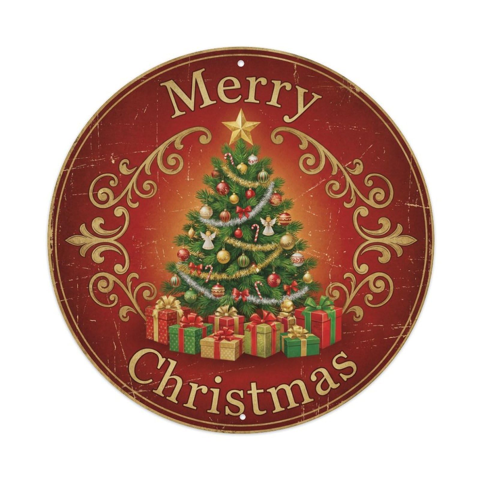 Merry Christmas Tree Gold Star Metal Tin Sign