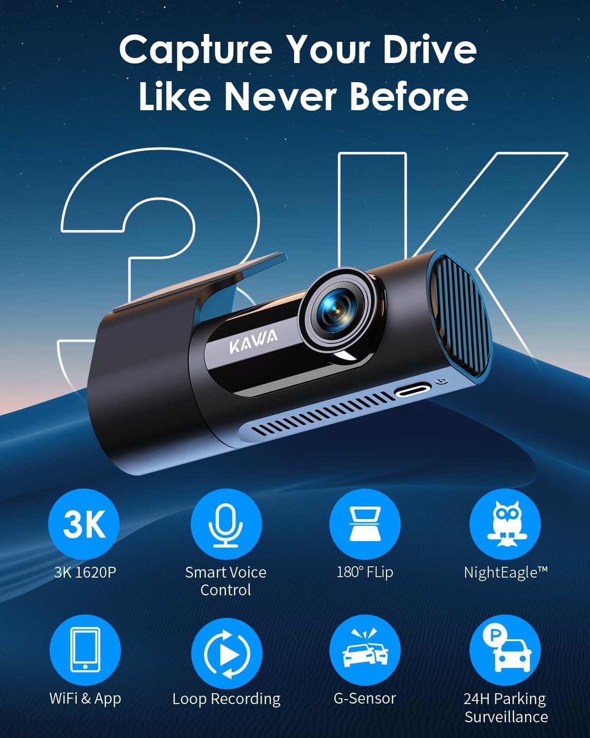 KAWA 3K Kamera Samochodowa Przednia z Kartą 32GB | Kontrola Głosowa, WiFi, Tryb Parkowania 24/7, Czujnik G, Noktowizja | Do Samochodu, SUV-a