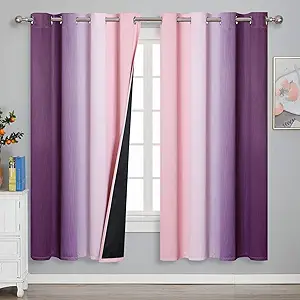 Estelar Textiler Ombre Pink and Purple Blackout Curtains 72 Inch Length 2 Panels, Full Light Blocking Curtains for Bedroom, Grommet Thermal Insulated Gradient Drapes for Living Room, 52x72 Inch