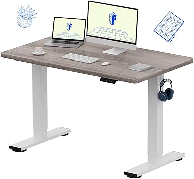 FLEXISPOT EN1 One-Piece Standing Desk, 48 x 30 Inches Electric Height Adjustable Desk for Home Office (White Frame + Gray Wood Desktop, 2 Packages)