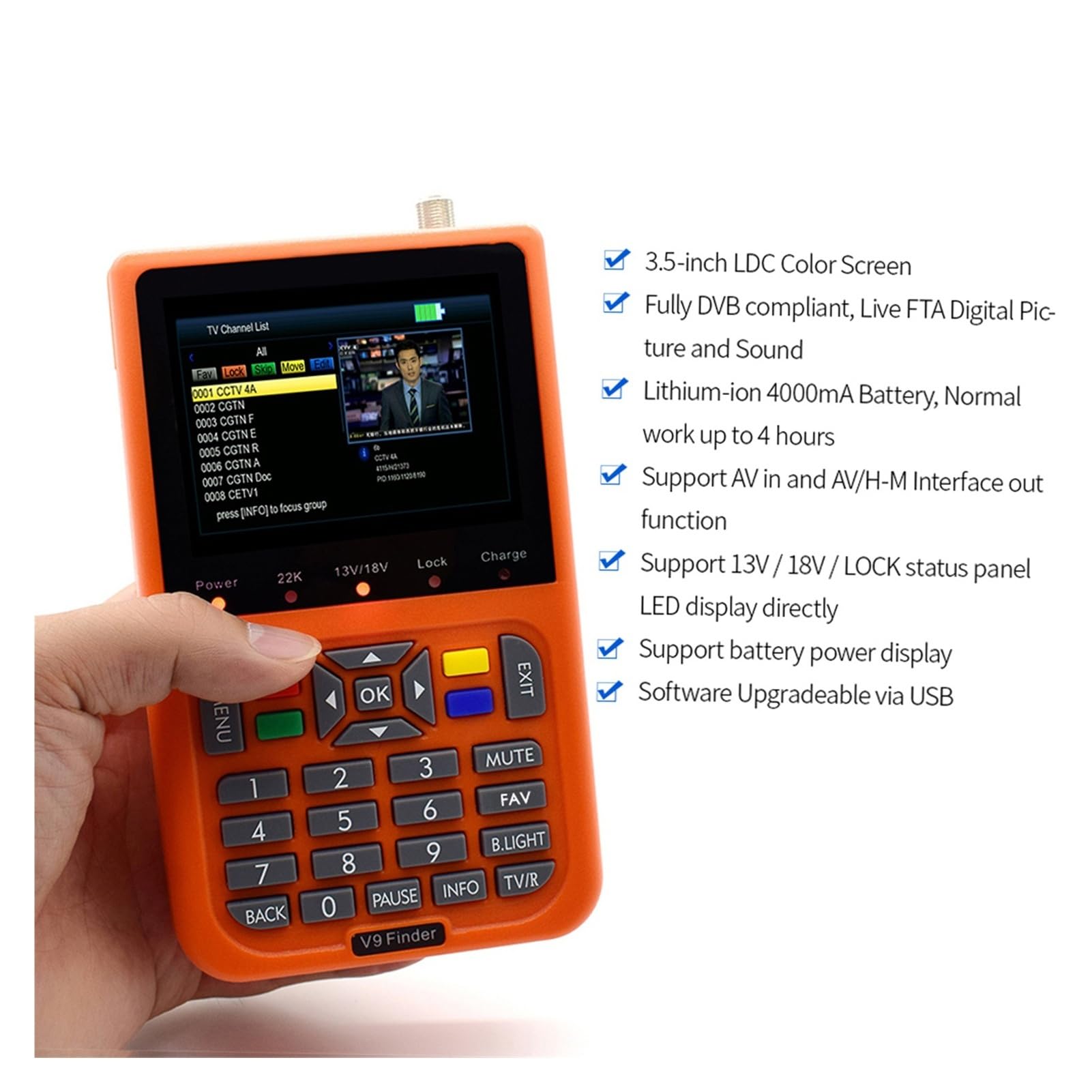 Cyfrowa wizjer satelitarny V9 z wyświetlaczem LCD Cyfrowy miernik siły sygnału satelitarnego Wyczyść wyświetlacz(Orange)