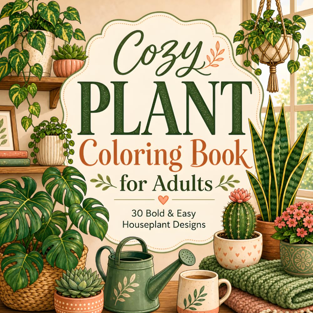 Cozy Plant Coloring Book for Adults: 30 Bold and Easy Houseplant and Succulent Coloring Pages for Plant Lovers and Plant Ladies with Cozy Botanical Designs