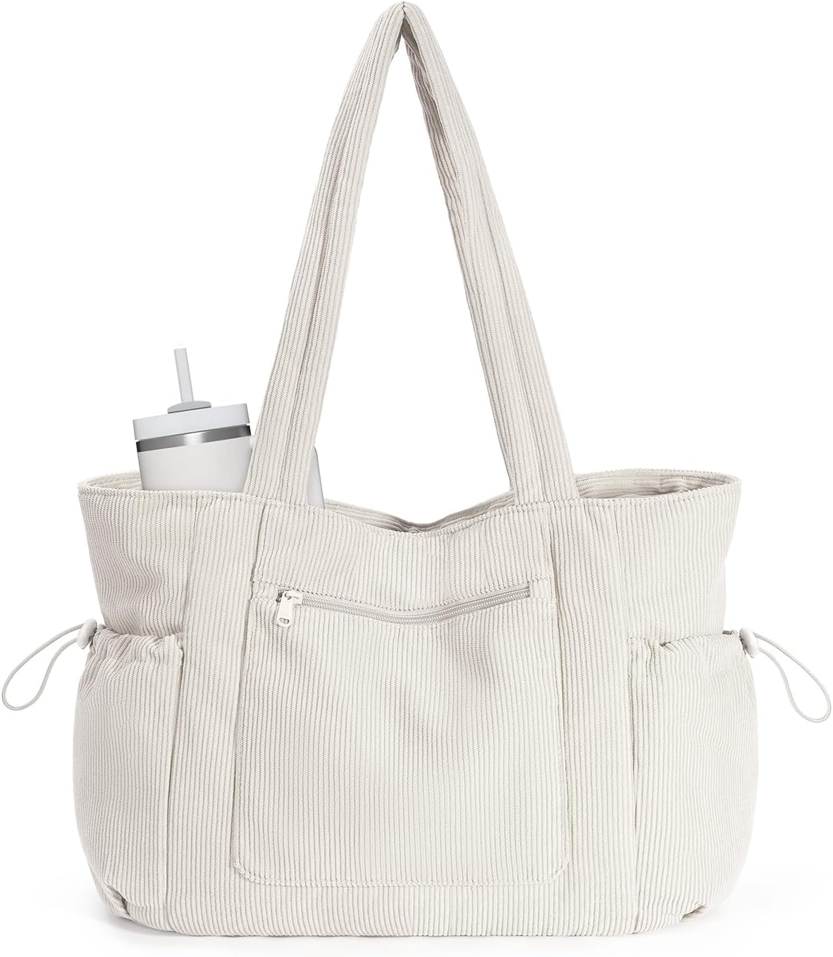 ECOHUB Large Corduroy Tote Bag for Women with Cup Holder & Luggage Sleeve & Laptop Compartment for Work Travel College Casual