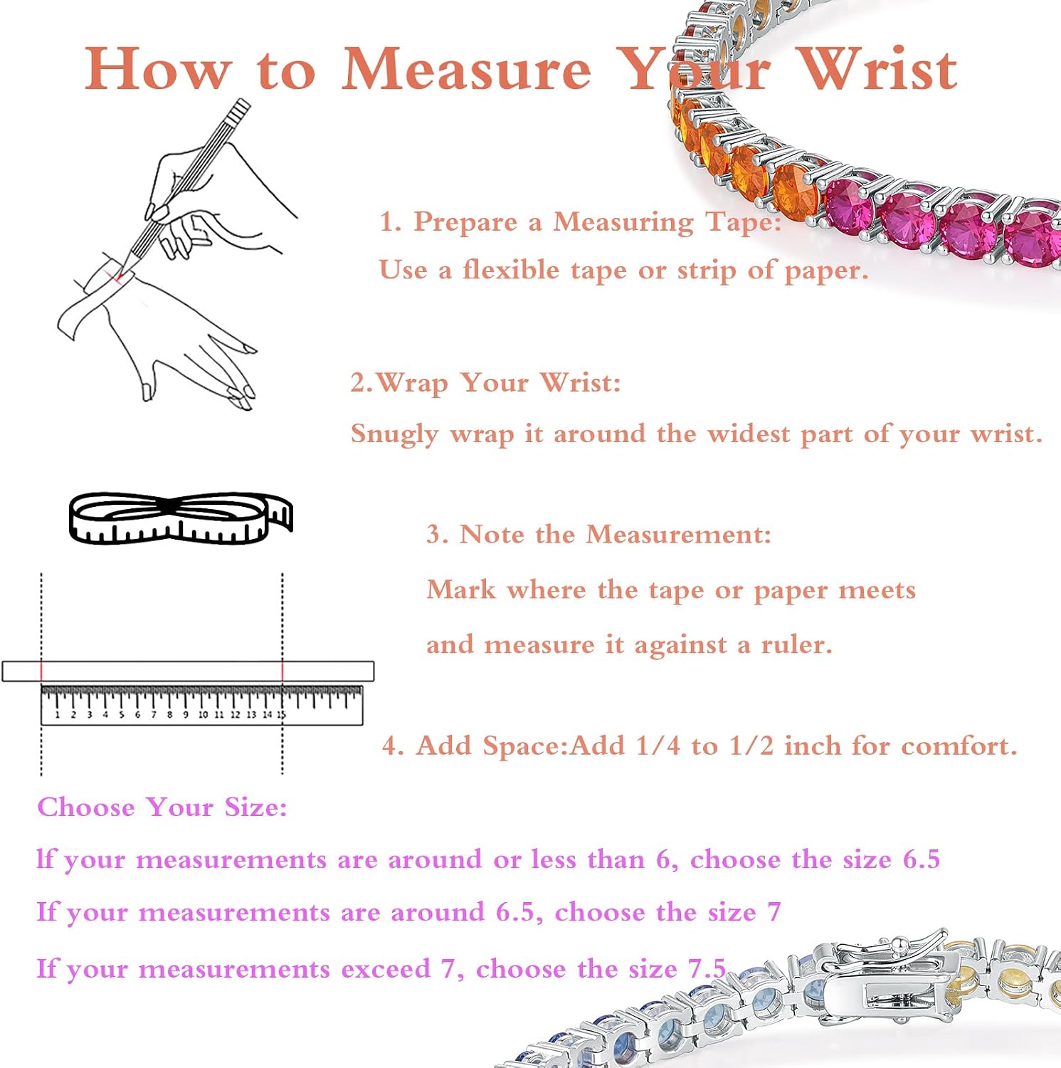 GEMSME 4.0MM Tennis Bracelet for Women-Rainbow Cubic Zirconia Bracelet,14K White/Yellow Gold Plated Colorful Round Cut CZ Tennis Link for Jewelry Gift
