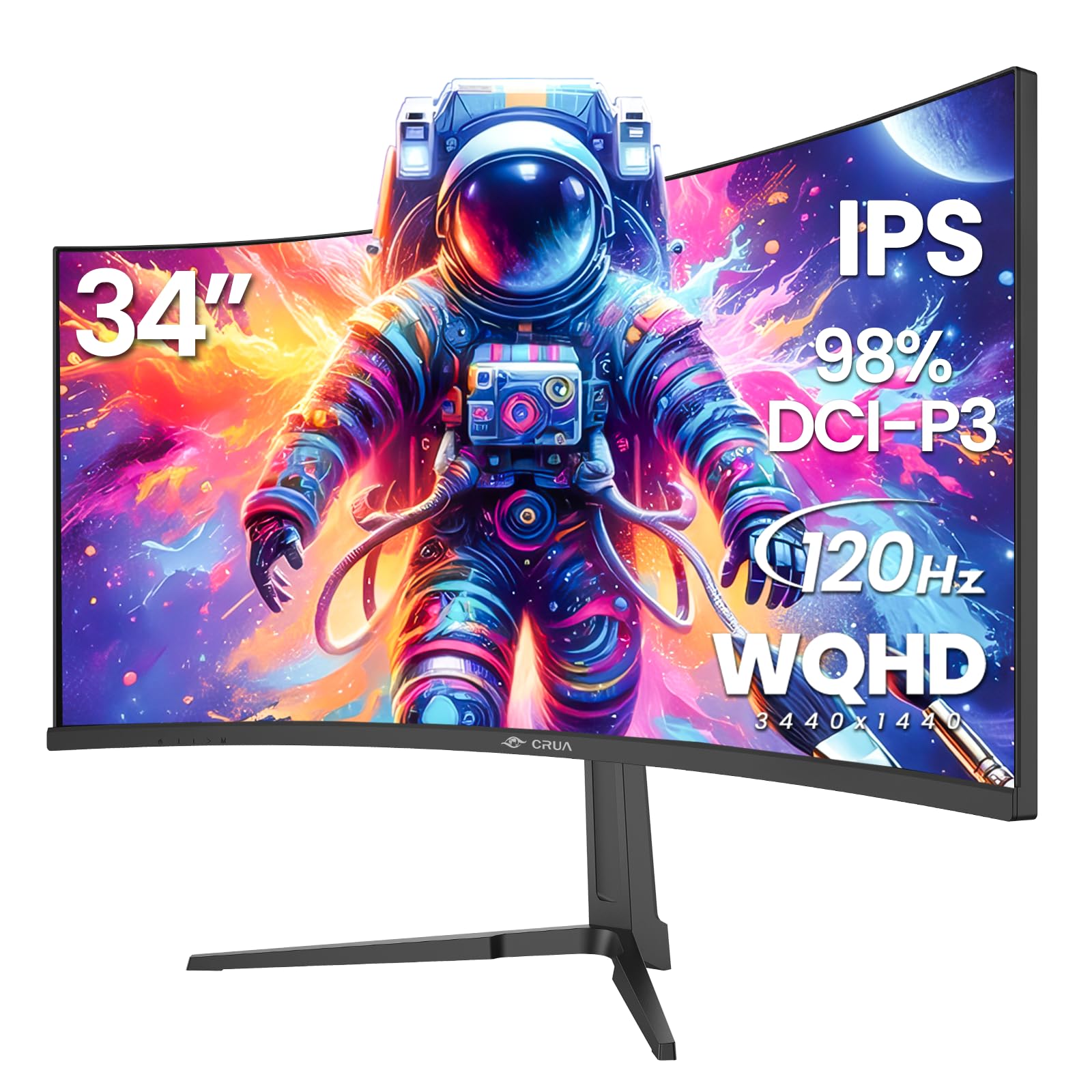 CRUA 34 Inch Curved Monitor, WQHD(3440×1440) Gaming Monitor, DCI-P3 98%,  1900R IPS Panel, 120Hz, 1ms, HDR, Ambient Light, Gaming LED Light,  Desk-Mounted(HDMI 2.0/DP 1.4)- Black: Monitors: Amazon.com.au