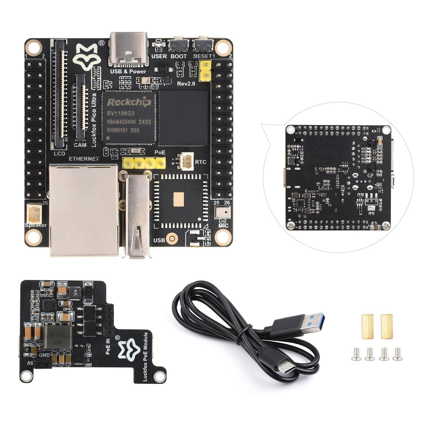Waveshare Luck-fox Pico Ultra RV1106 Linux Micro Development Board, Integrates Arm Cortex-A7/RISC-V MCU/NPU/ISP Processors, with 8GB EMMC, with PoE Module