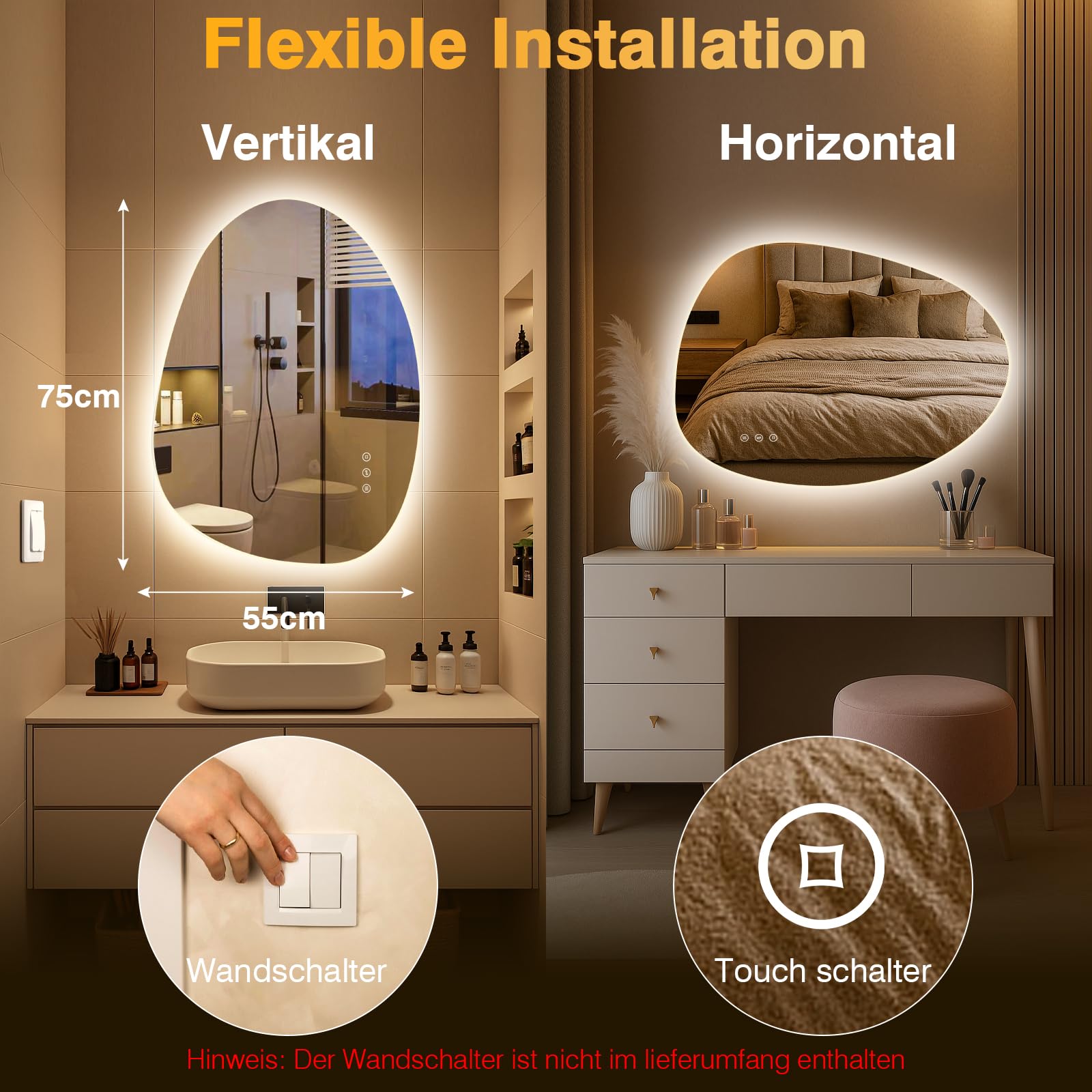 Miroir de salle de bain LED asymétrique avec éclairage 75 x 55 cm, anti-buée, 3 couleurs de lumière, réglable, avec éclairage, intensité variable, avec fonction mémoire, économie d'énergie