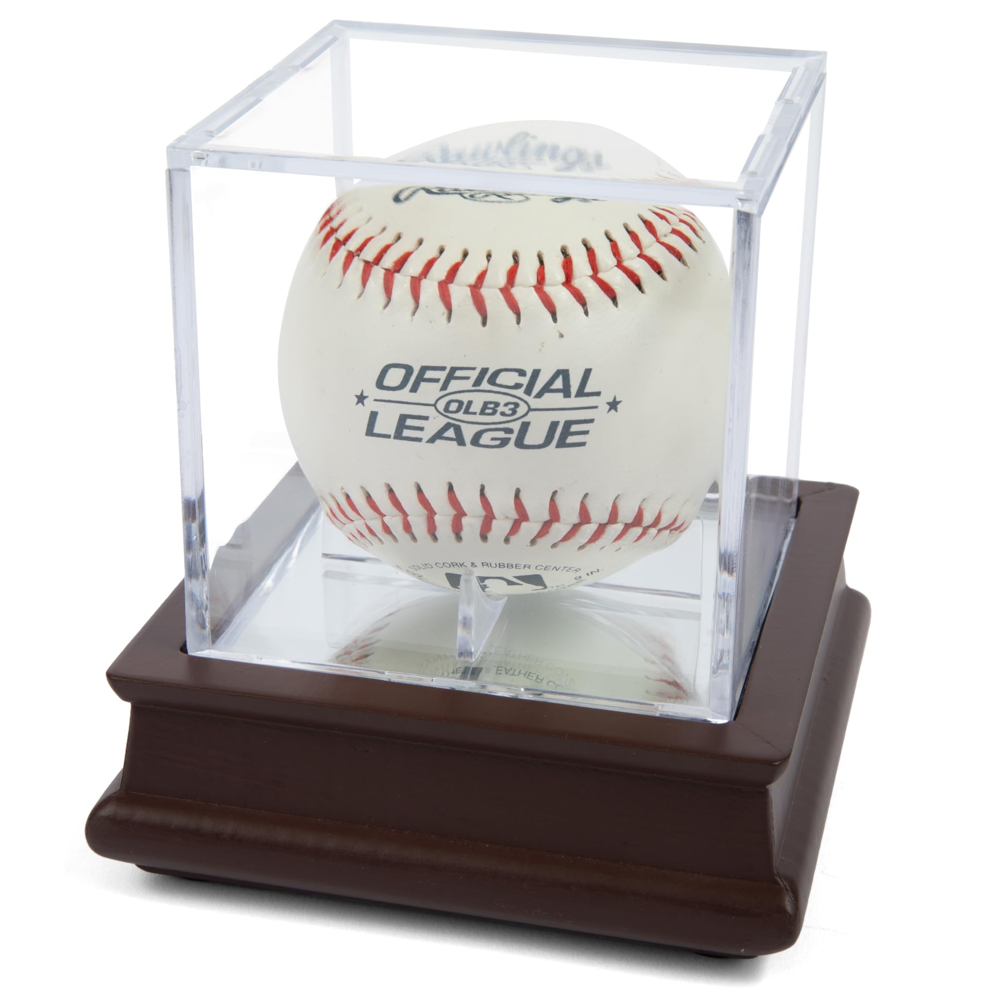 DECOMIL - UV Single Baseball Display Case , Holder - UV Protection Acrylic Cube with Wooden Stand Cherry Finish