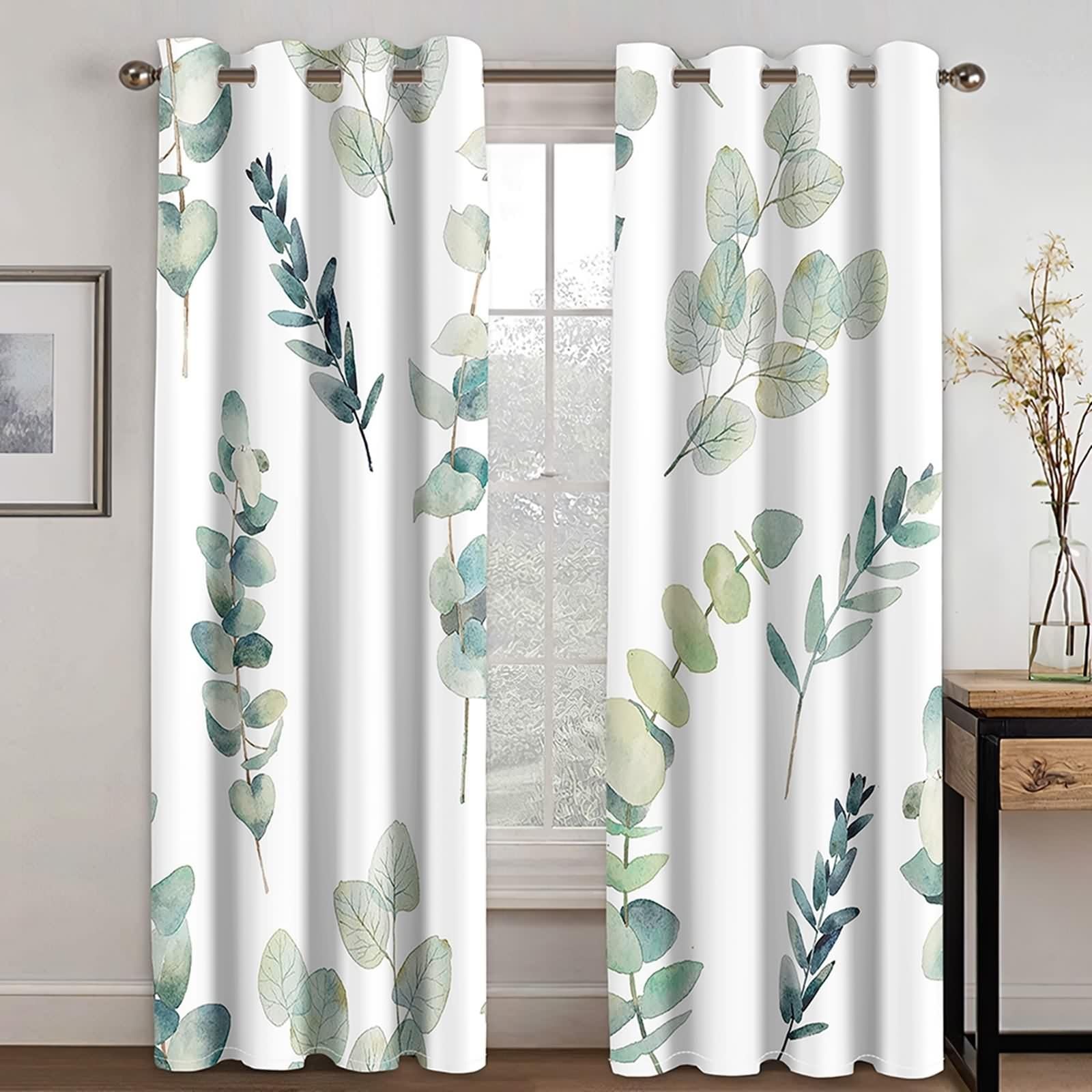 Rideau Salon Moderne, Rideaux Vert Blanc Polyester Branches Feuilles Décoration Chambre 107L x 214H CM Lot de 2