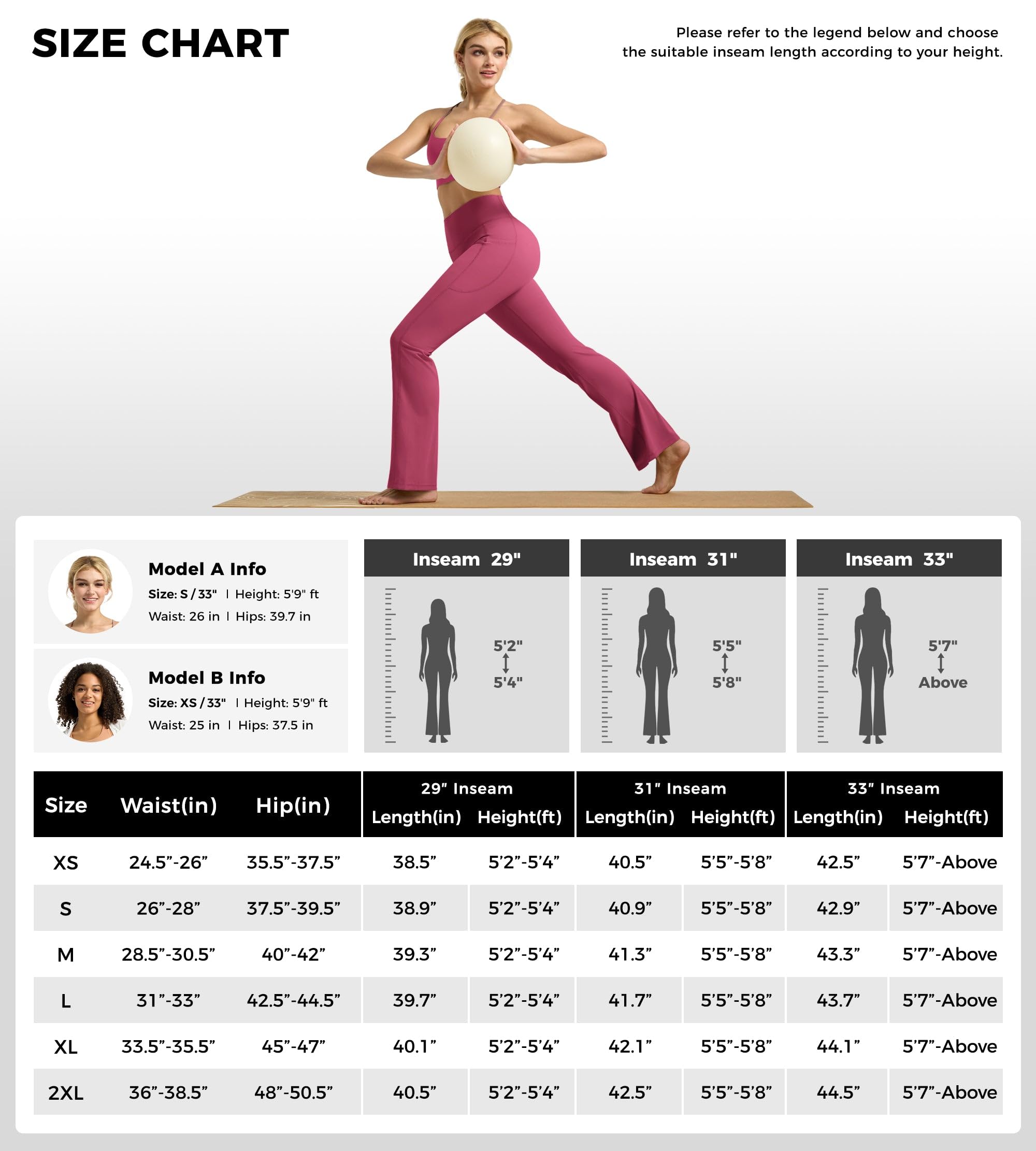 WILLIT Legging évasé pour femme, taille haute, pantalon de yoga avec poches, legging évasé, opaque, coupe bootcut, pantalon de sport, 77 cm/81 cm