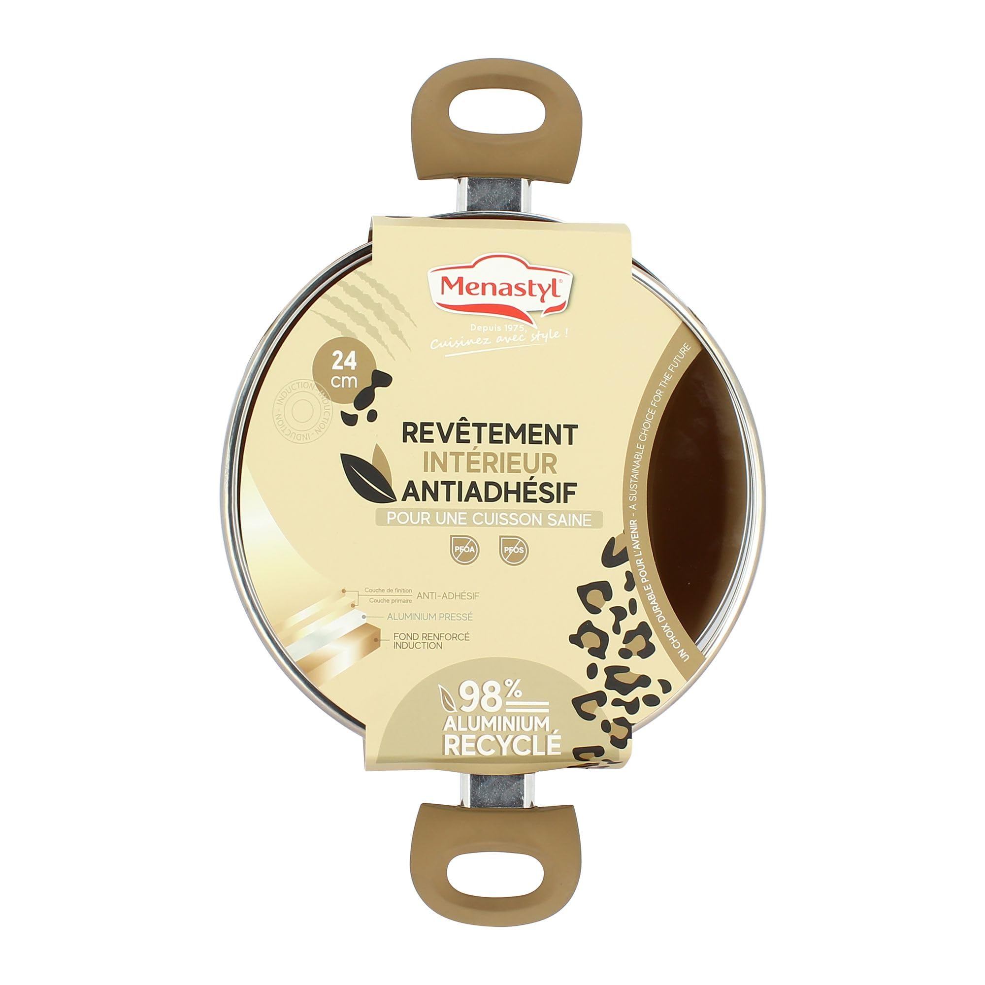 MENASTYL - Pentola Leopardo 24 cm per tutti i piani cottura, inclusa induzione - Rivestimento antiaderente - Alluminio riciclato - Manico ergonomico effetto legno - Motivo leopardo - 6020956