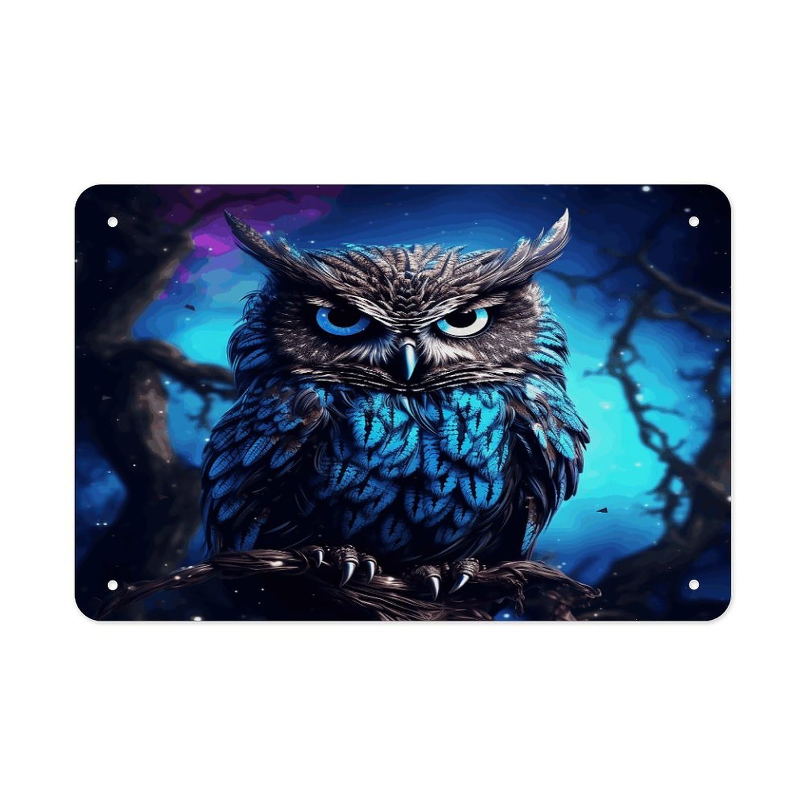 Blue Owl Metal Tin Sign 12"x8" Wall Art Prints Poster Decorative Picture Metal Signboard Decor Painting Folded Edge Iron Sheet Painting with Holes for Wall Decor