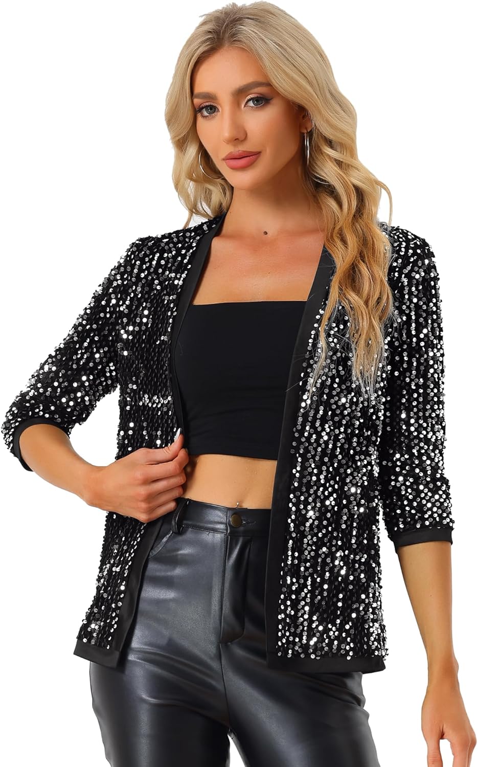 Allegra K Women's Sequin Cardigan 3/4 Sleeve Open Front Velvet Sparkle Jacket Party Glitter Blazer