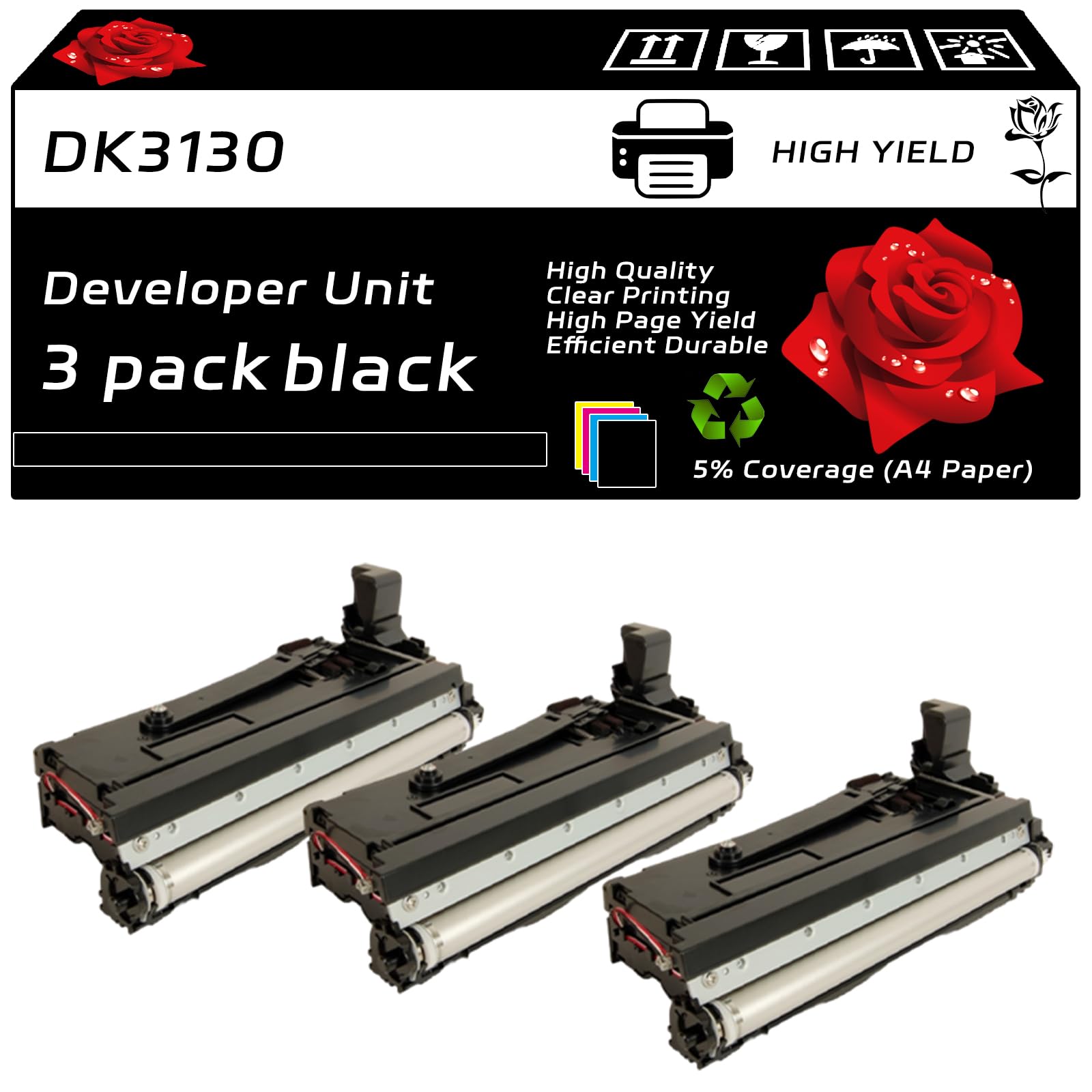 DK3130 Developer Unit Compatible for Kyocera ECOSYS M3550idn M3560idn FS-4100DN FS-4200DN FS-4300DN Printers, with Chip, High Yield 250000 Pages, Clear Printing (3 Pack Black)
