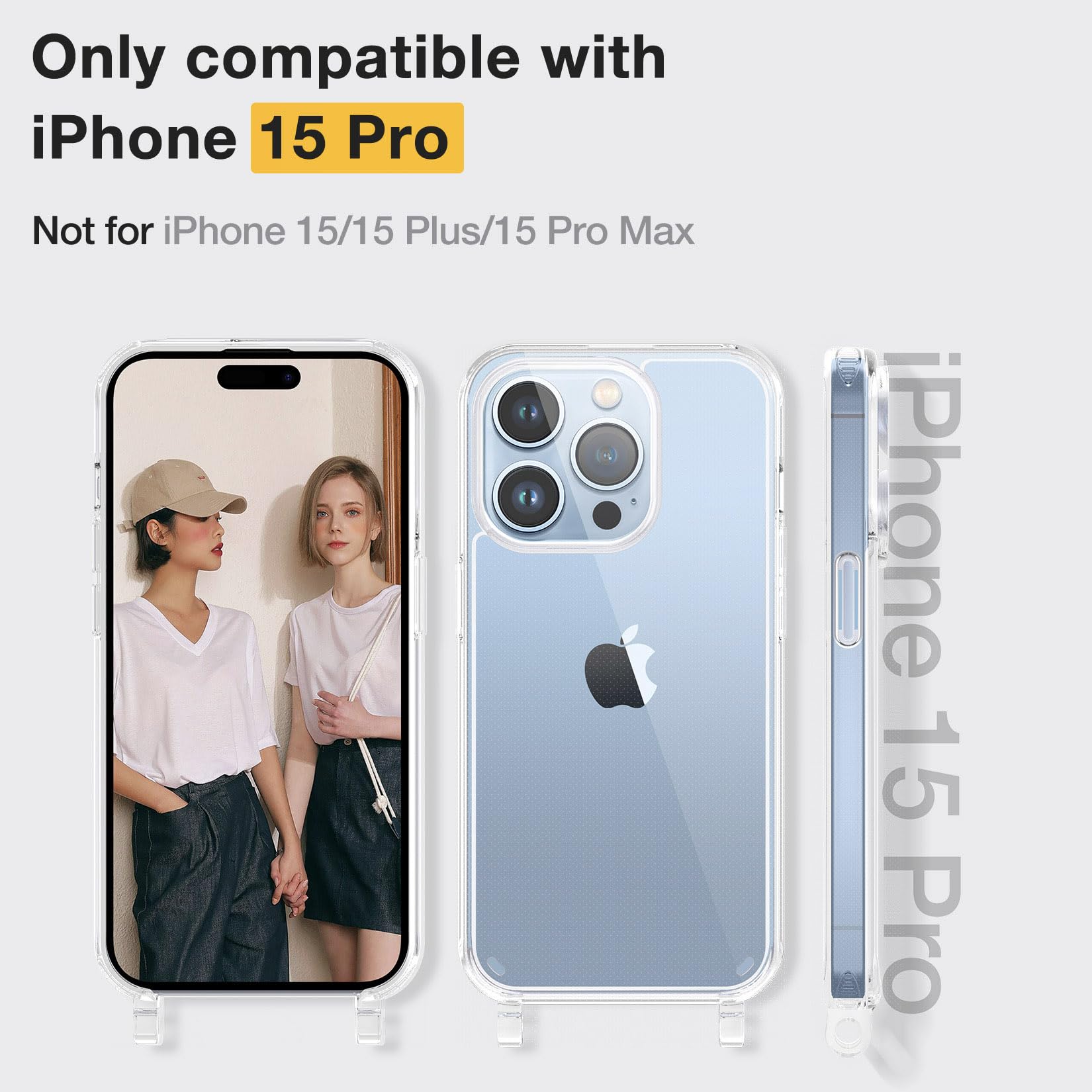 GOODVISH Cover Trasparente con Cordino per iPhone 15 Pro, Custodia con Regolabile Collana per iPhone 15 Pro 6.1'', [Antiurto] [AntiGraffio] [Antiscivolo] Case con Laccio Tracolla, Argento