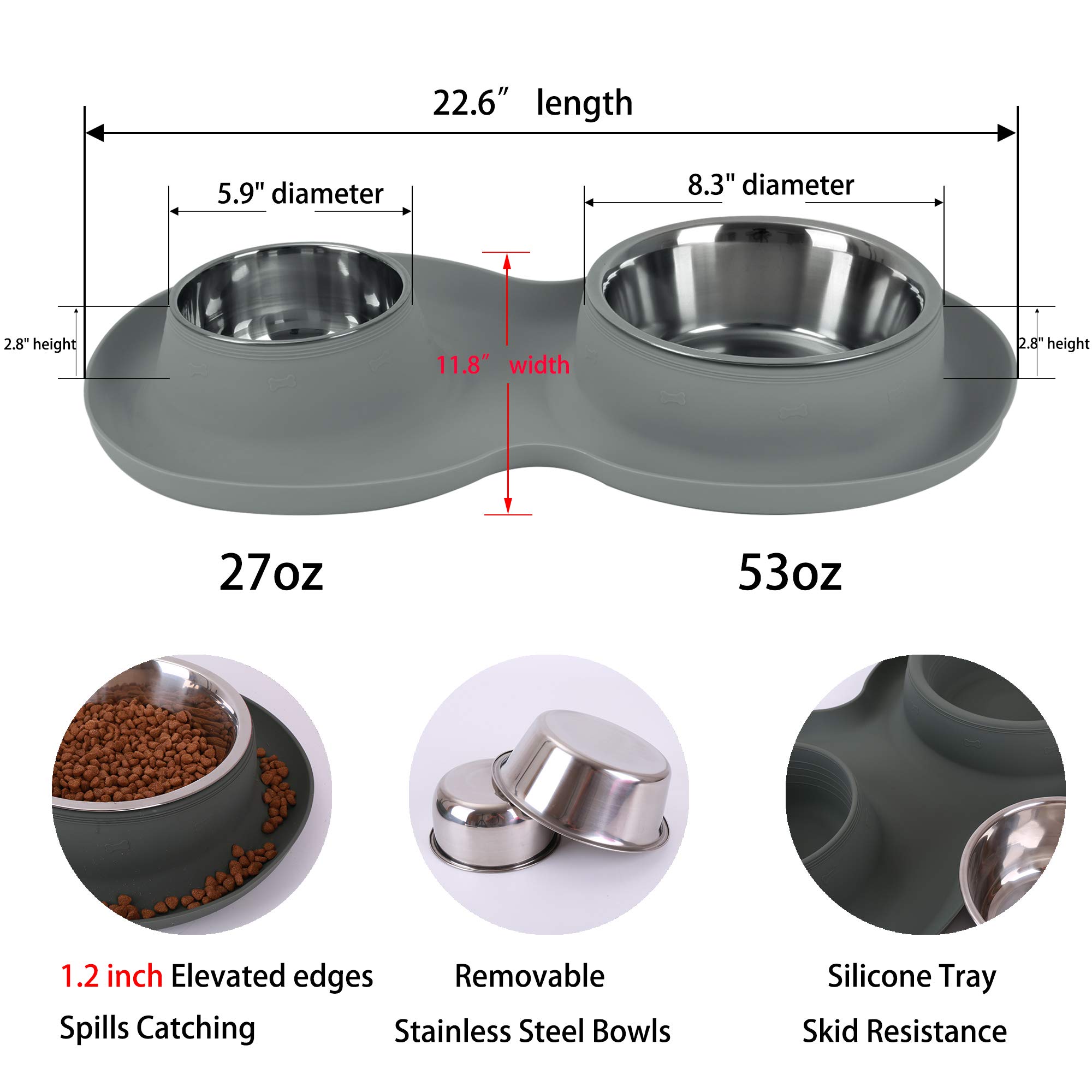 Miski dla zwierząt domowych 2 miski dla psa ze stali nierdzewnej (1,5 g + 760 g) z 3 cm bez rozlania, antypoślizgowa mata silikonowa + powolne karmienie dla psów i karmy do karmienia małych dużych psów, kotów, szczeniąt (szare)