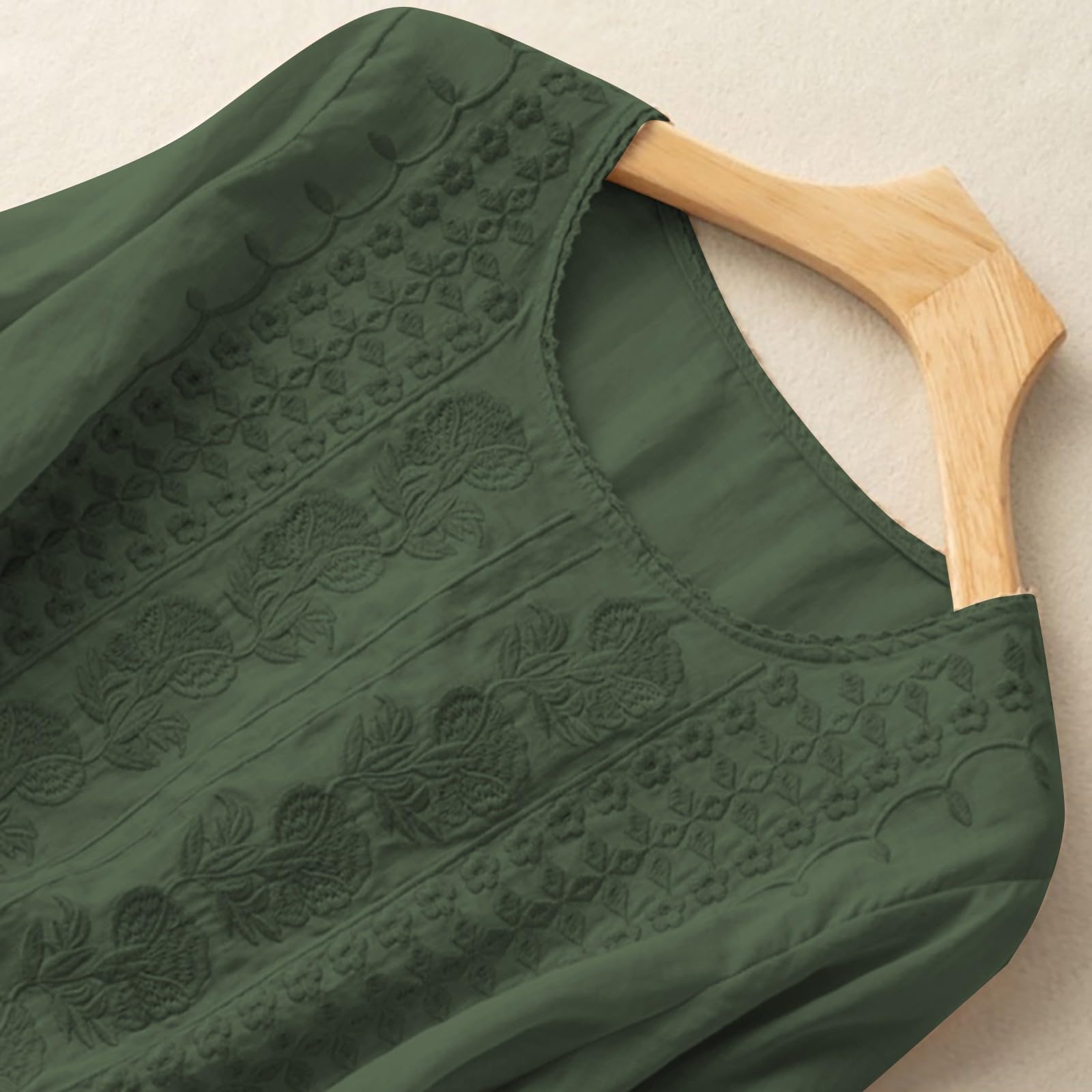 Cotton Linen Shirts for Women Trendy Retro Embroidered 3/4 Sleeve Boho Blouse Dressy Casual Bohemian Tops Loose Tunics