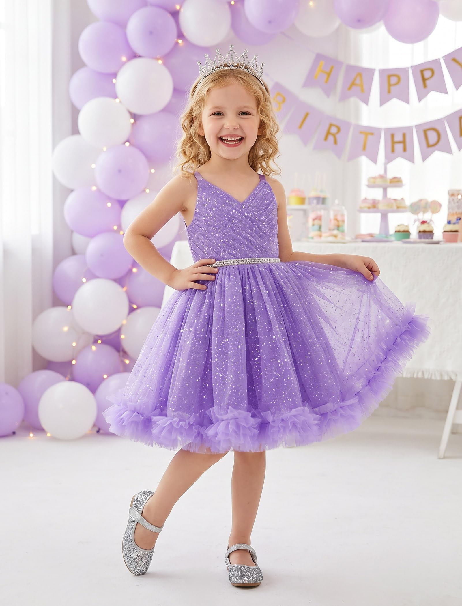 IDOPIP Pailletten-Rüschen-Tüll Blumenmädchenkleid für Kinder, Baby