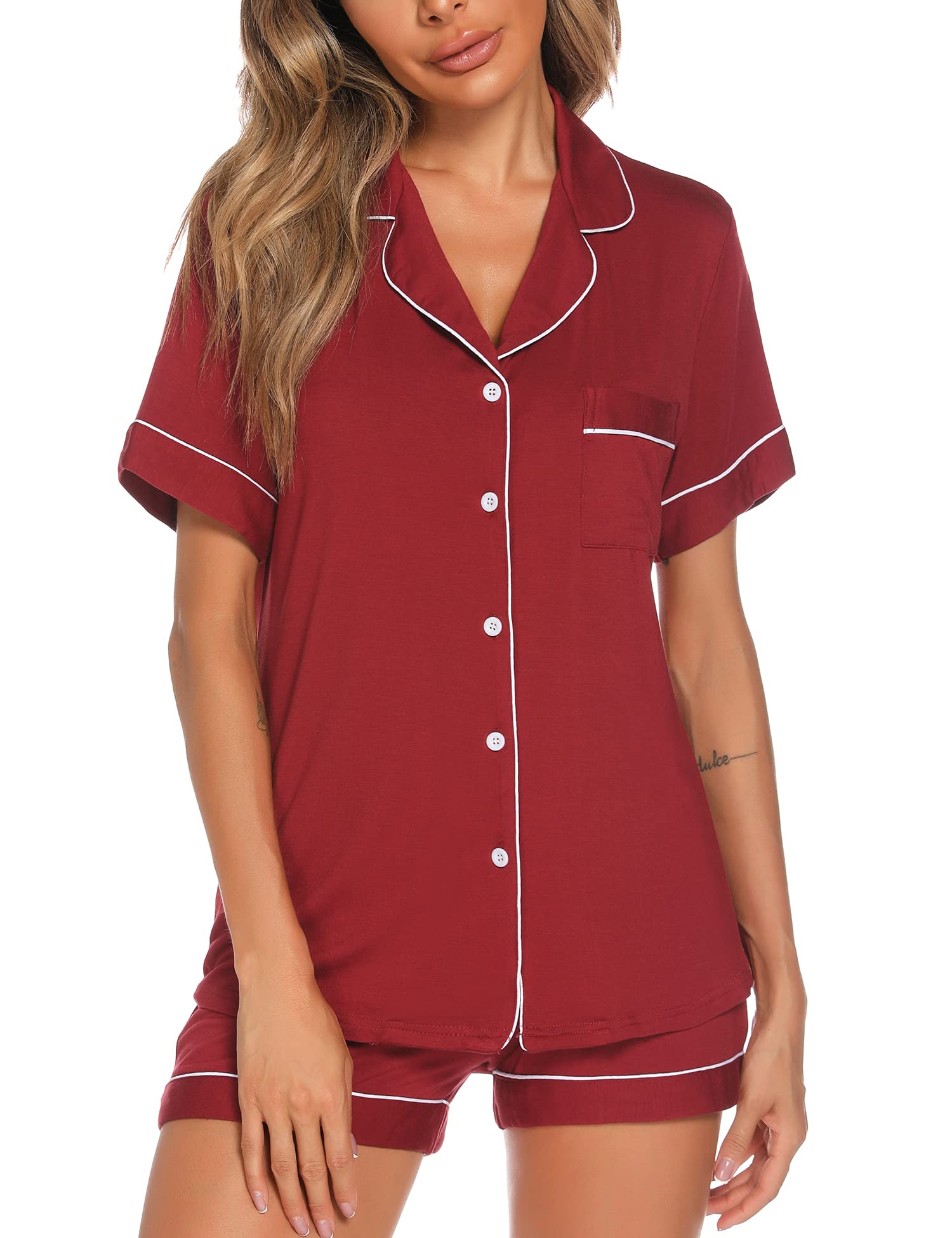 Aamikast Button Up Pajama Set for Women Shorts Short Sleeve Knit Sleepwear 2 Pice Pjs Sets