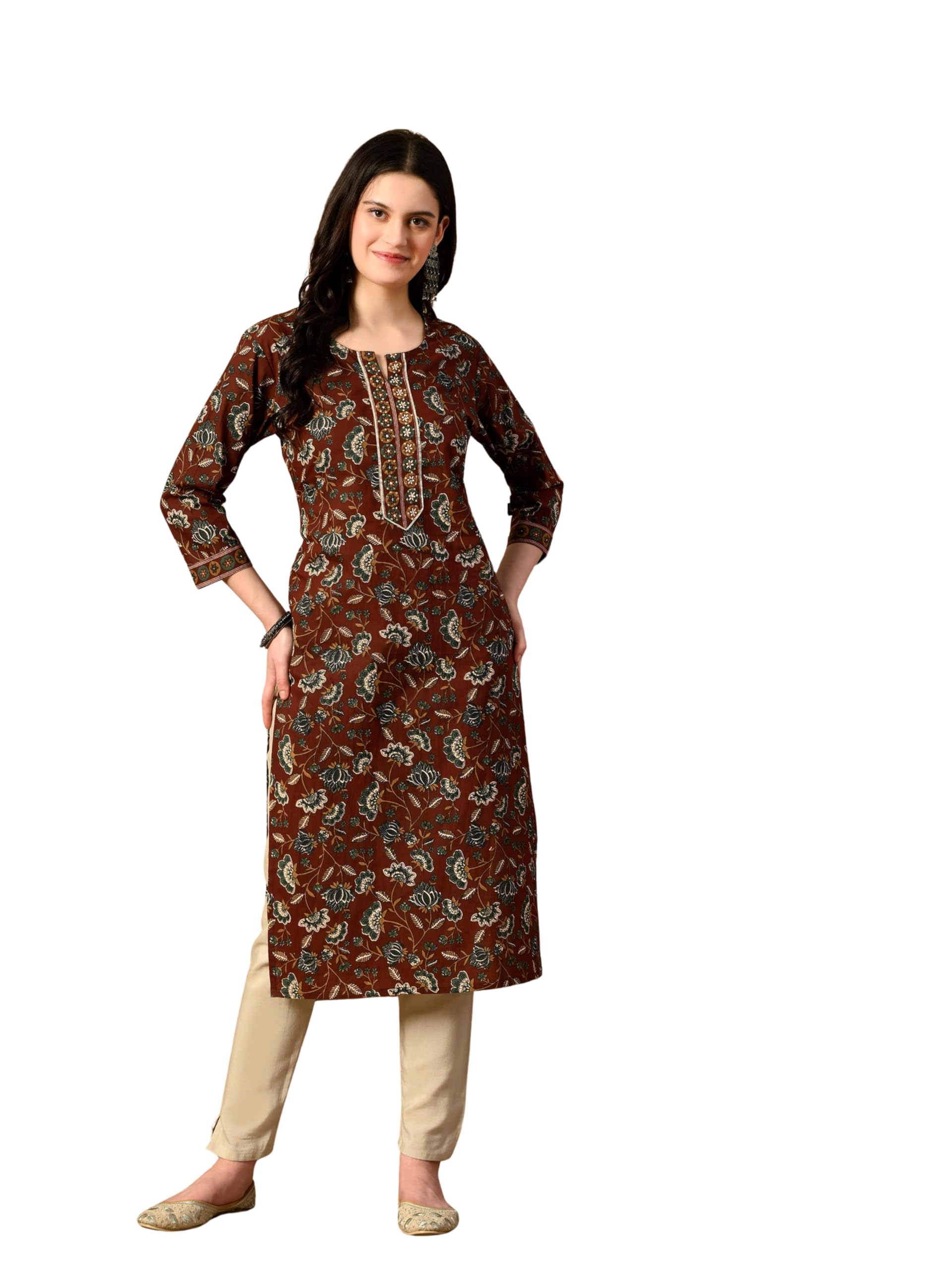 amazon brand - tavasya Women Floral Printed 3/4th Sleeve Kurta | Straight Fit Salwar | Everyday Ethnic Wear-picture-59