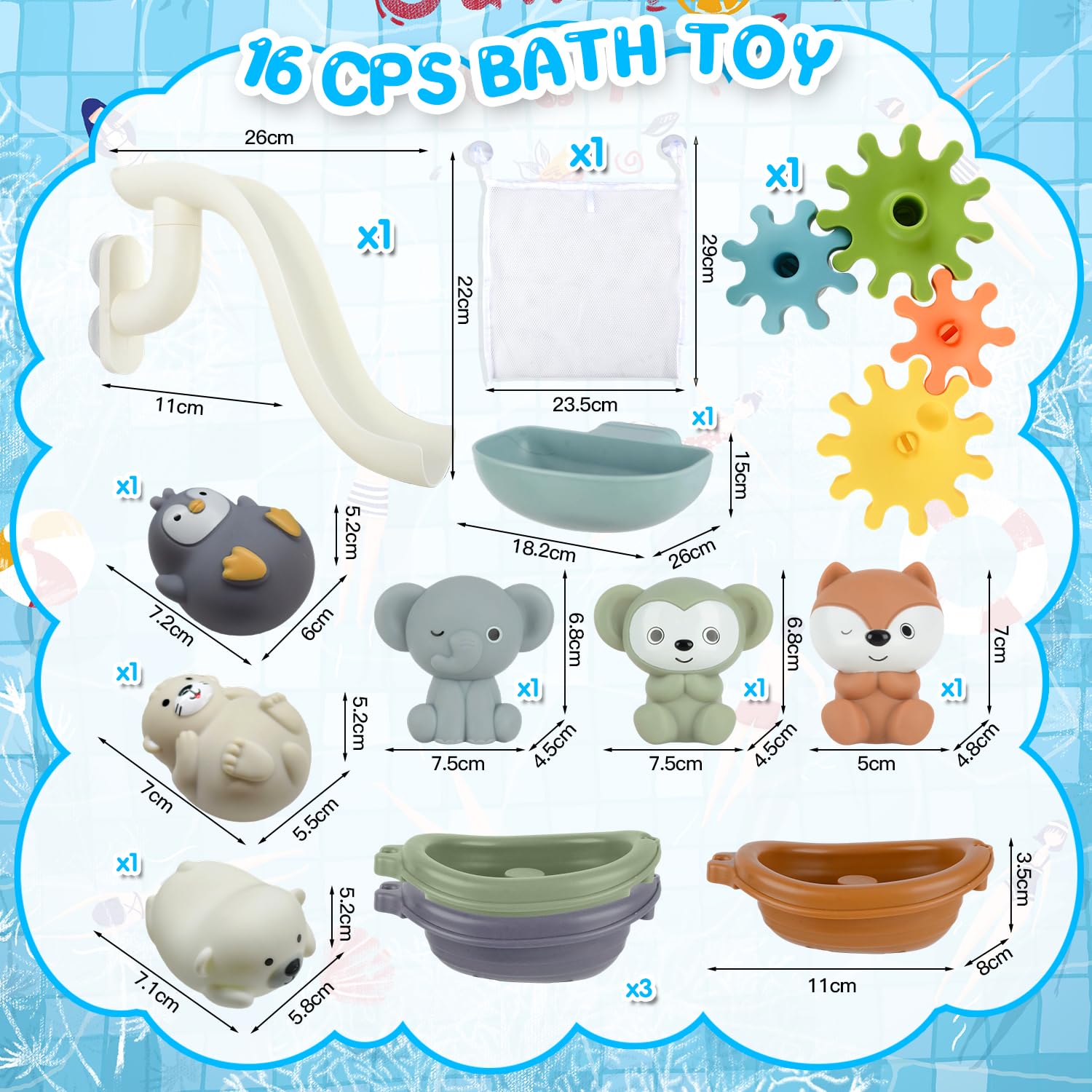 Juguetes Baño Bebe, Juguetes Bañera con Tobogán, Engranajes, Barcos Apilables y Bolsa de Almacenamiento, Juguetes para Baño Juegos de Agua Juguetes Educativos Regalos para Niños Niñas 1 2 3 4 Años