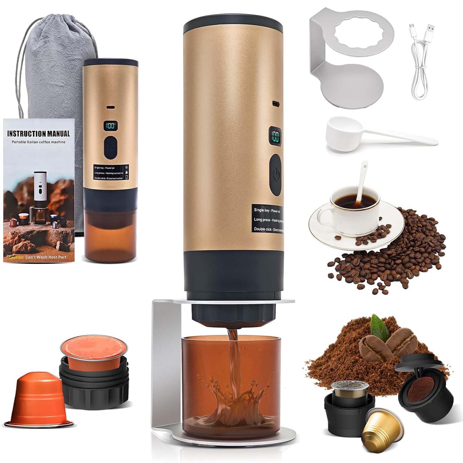 PZCC 3 En 1 Machine à Cafe Portable, 72W CafetièRe Portable, 12V Expresso CafetièRe Rechargeable, USB CafetièRes Expresso à Capsules, RéServoir D'Eau 90ml, Pour Bureau Camping Voiture Voyage (Kaki2)
